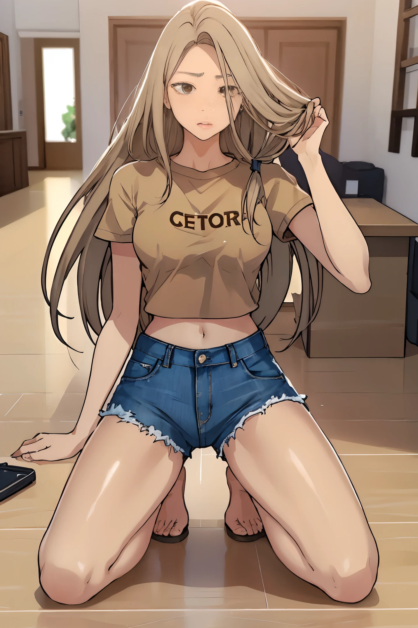 mia chadev, long hair, blonde hair, brown eyes, 
portrait, , short sleeves, crop top, jeans, permanent, brown shirt, blue pants,
masterpiece, best quality,Kneeling on both knees，flip your hair back