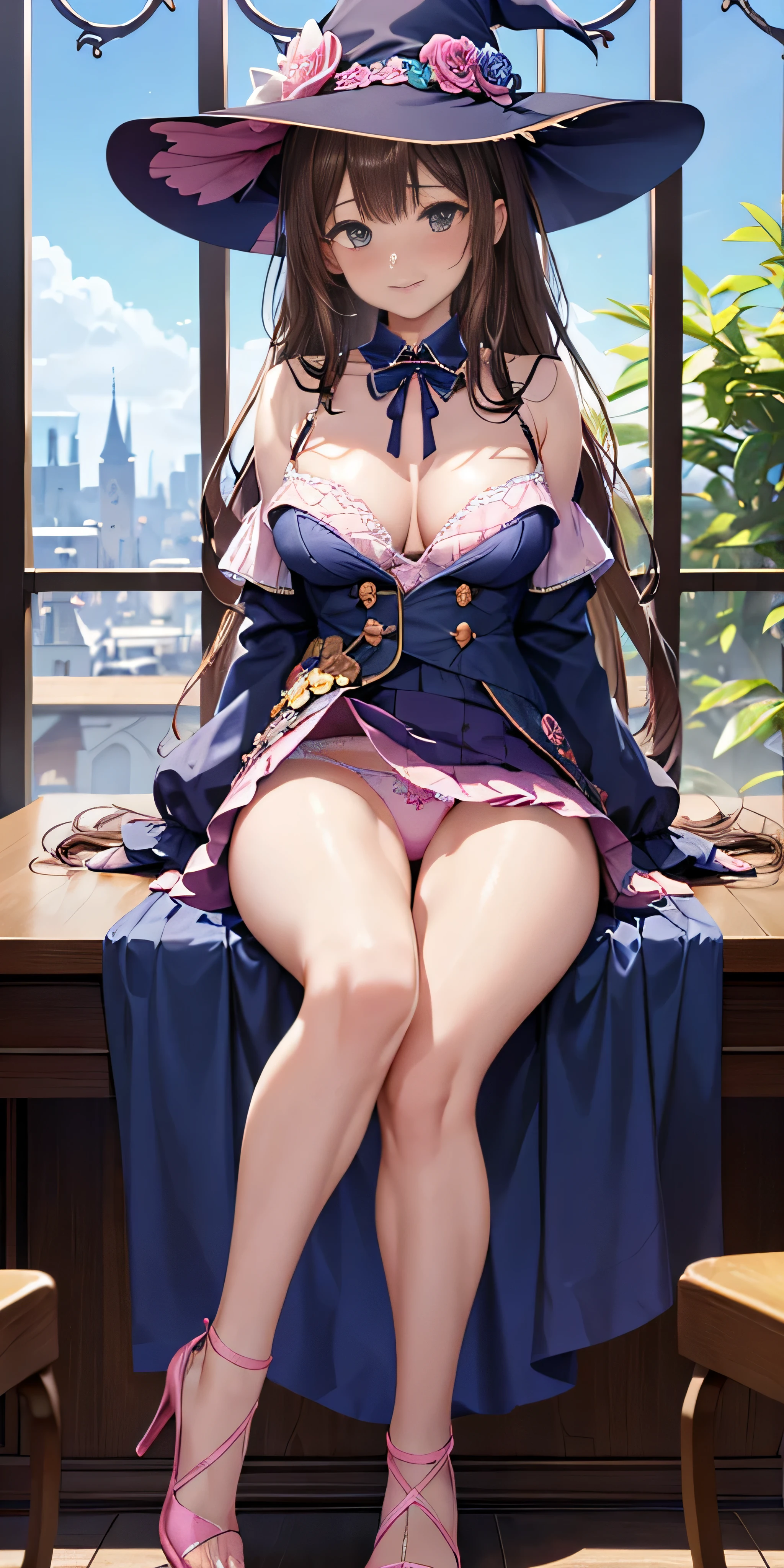 table top, highest quality, Highly detailed CG Unity 8K wallpaper, sexy witch , long dark blonde wavy hair、off shoulder knit, dark blue pleated skirt, Dark Blue Hat、medium sized breasts, soft chest , blush, shy smile, bare shoulders, (white pink floral panties、、Bra with pink floral pattern on a white background、show panties、((open your legs wide、Open both knees、Lifting the skirt with your hands)))high heels、nice magic book、Park with castle views、sit on the desk、side boob、