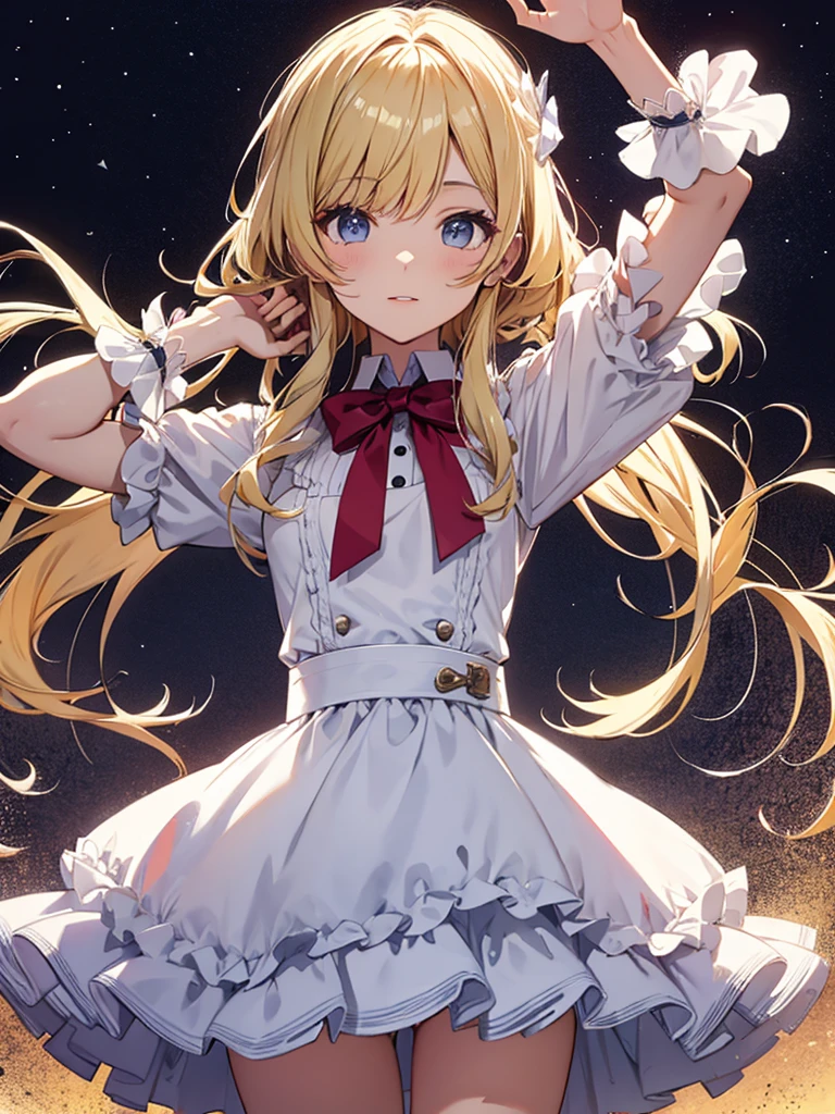 Magical girl around 12 years old、blonde。small breasts、ribbon、apron dress、frills、white pants、