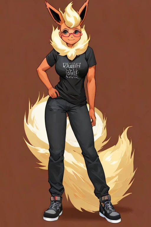 ((Flareon)), anthropomorphic, big boobs, big ass, pokemorph, (((1girl))), (((black t-shirt))), (denim pants), (black sneakers), cute and sexy, slender, red skin, (glasses), long legs, smiling