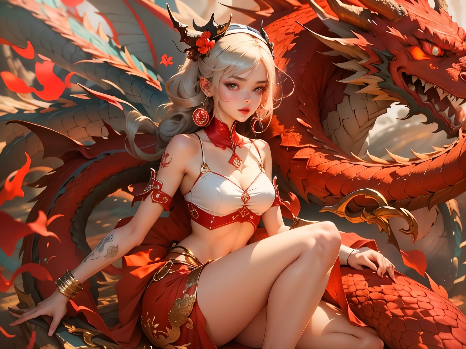 A woman wearing only red underwear sits on the bed,There is a dragon next to it, Popular on ArtStation Pixiv, Detailed anime artwork, Detailed digital animation art, Complex and gorgeous anime CGI style, Gurvez on pixiv art station, Gurvez on pixiv, Anime Fantasy Illustration, Detailed anime art, clean Detailed anime art, Detailed key animation art, Red lips slightly parted, nude