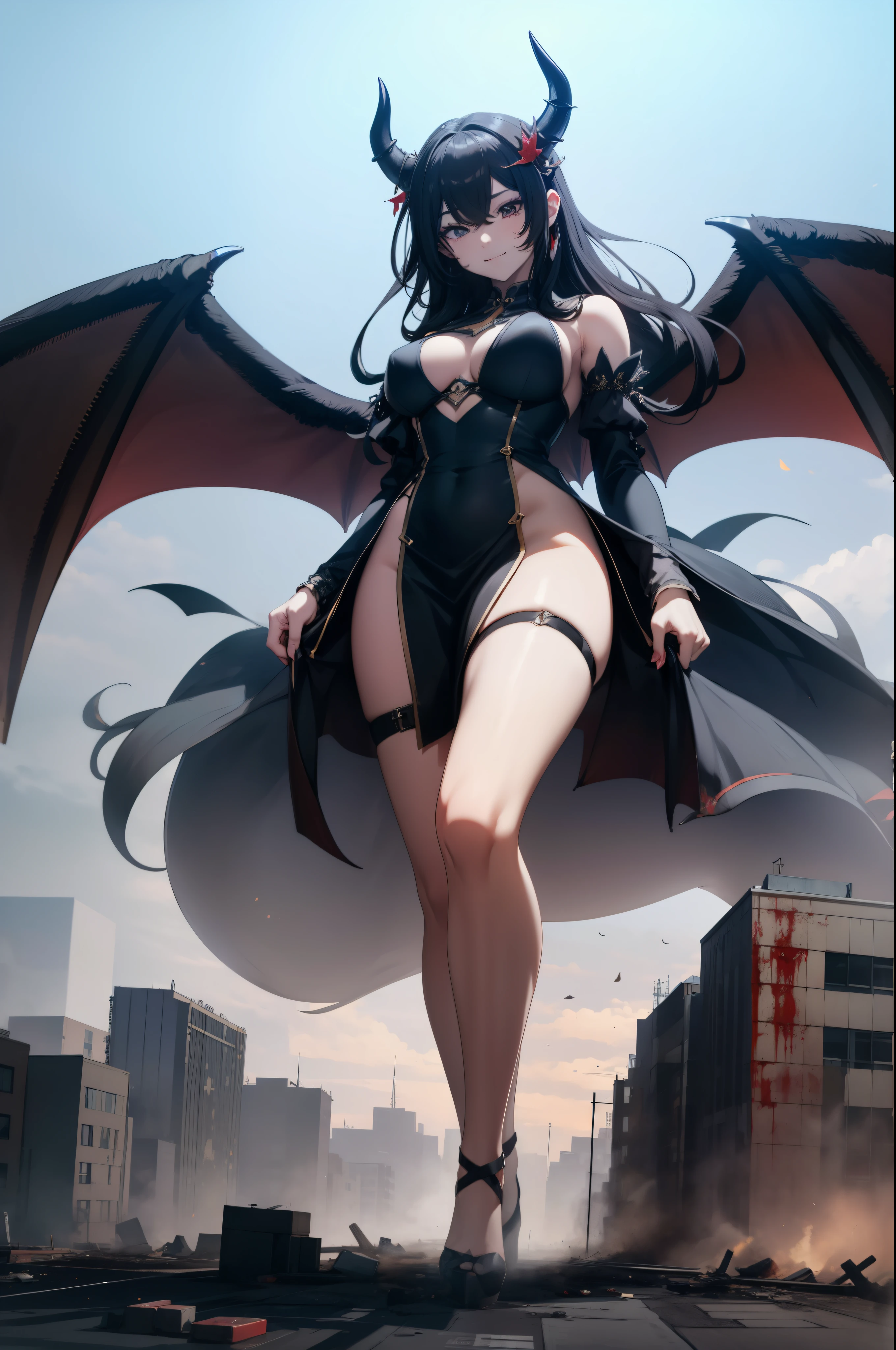 Aerial View,giant girl 50,000 feet high,Have a pair of long legs,Possessing a pair of huge demon wings,With huge devil horns on his head,Princess,mini skirt,有一头Black拖尾长发,loose hair,Wearing a pair of Mary Jane heels,Black卷发,A look of enjoyment,standing on ruins,城市到处是blood stains,Beautiful appearance,Exquisite makeup,quality,8k,高quality,(governor:1.5),Perfect proportion, Cinema lighting,film grain,Fuji colors,8k,textured skin,Super details,high detail,high quality,high resolution,explode,fake smile,Black,blood stains,脚底有blood stains