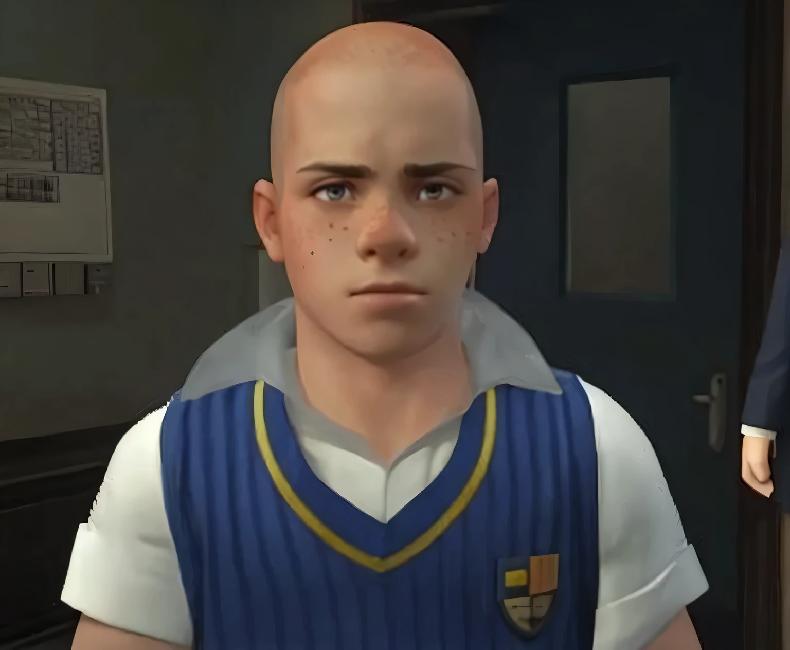 um retrato, Menino de 15 anos, sardas nas bochechas, hair shaved with machine, em uniforme, olhar sereno.