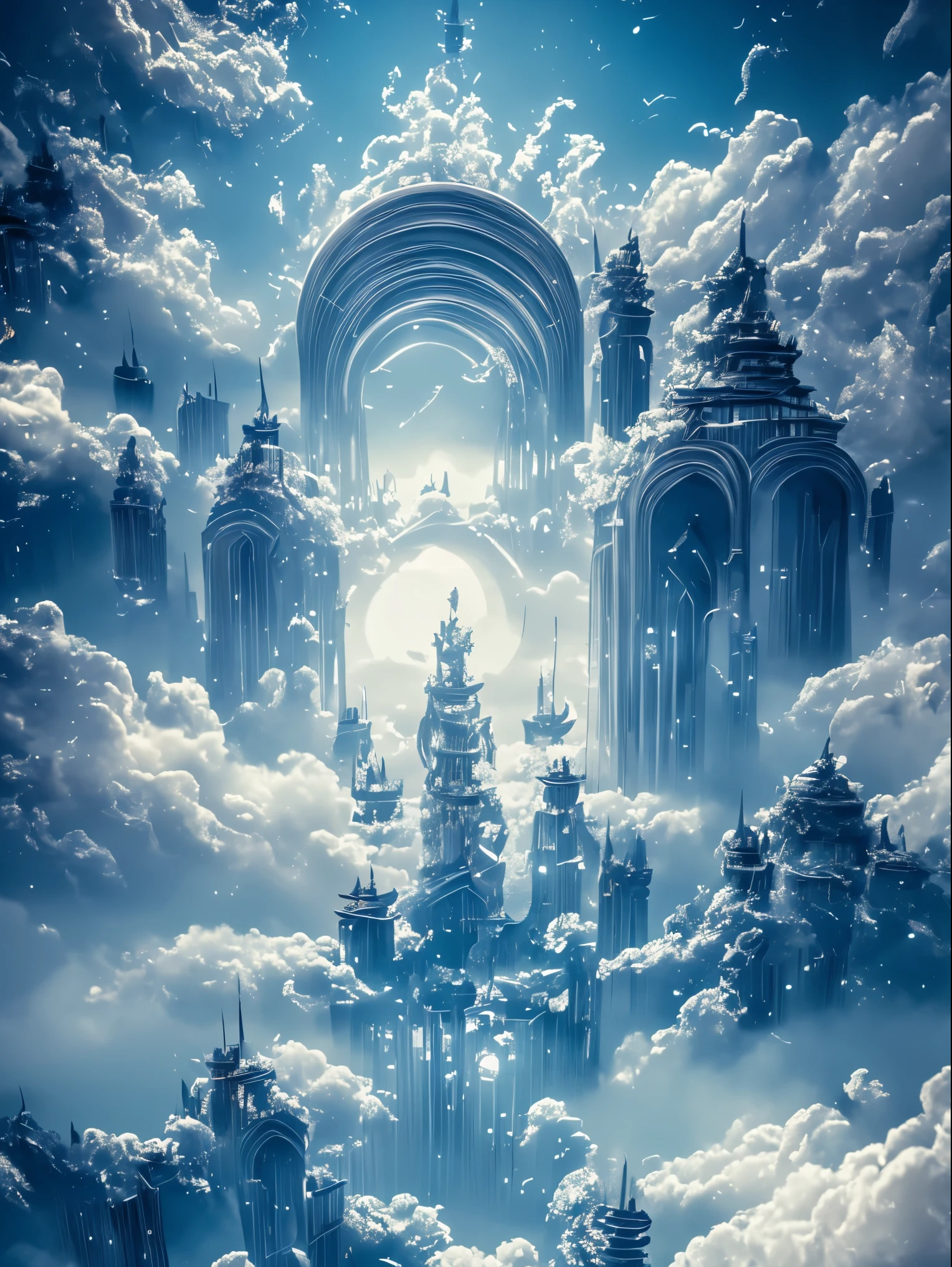 A painting of a castle in the clouds with a moon in the sky - SeaArt AI