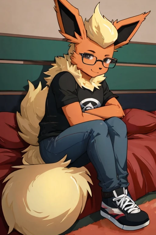 ((Flareon)), anthropomorphic, big boobs, big ass, pokemorph, (((1girl))), (((black t-shirt))), (denim pants), (black sneakers), cute and sexy, slender, red skin, (glasses), long legs, smiling
