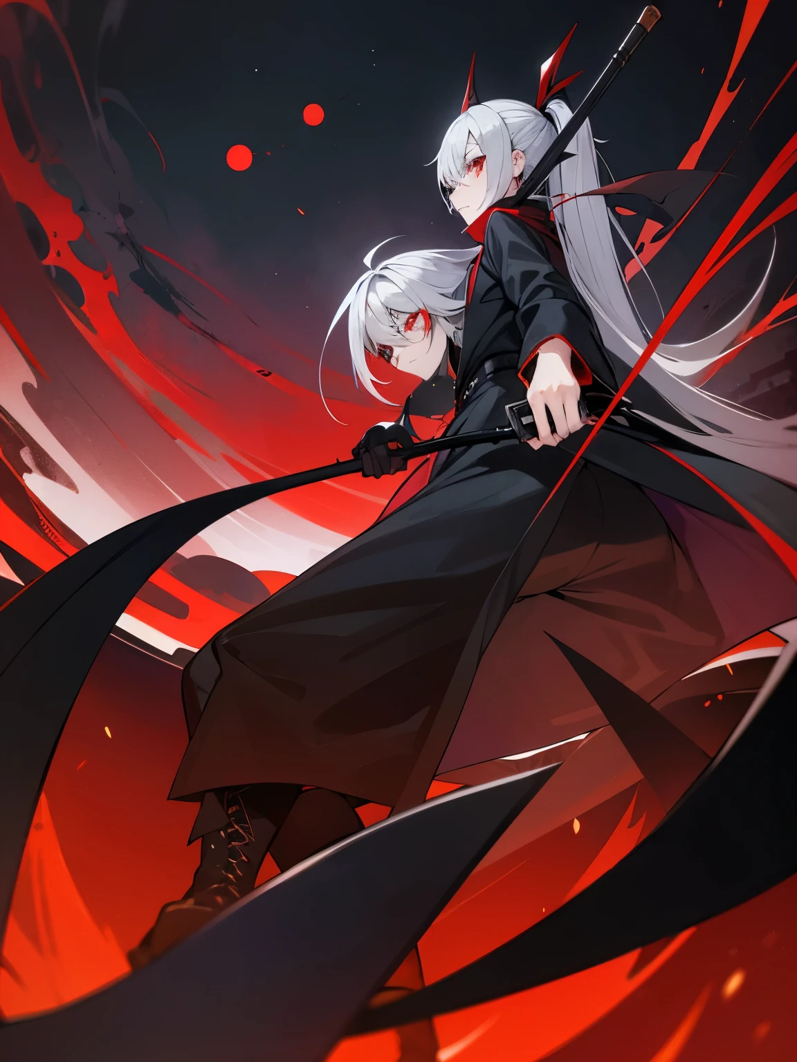 gray hair red eye black clothes the scytheを持っている boots eyepatch Kitchen two disease cool Crow the scythe dark dark darkness 大the scythe grim Reaper evil ponytail long coat sefu ラスsefu Red Moon Blindfold dragon battle battle hood Scarf angle from below
