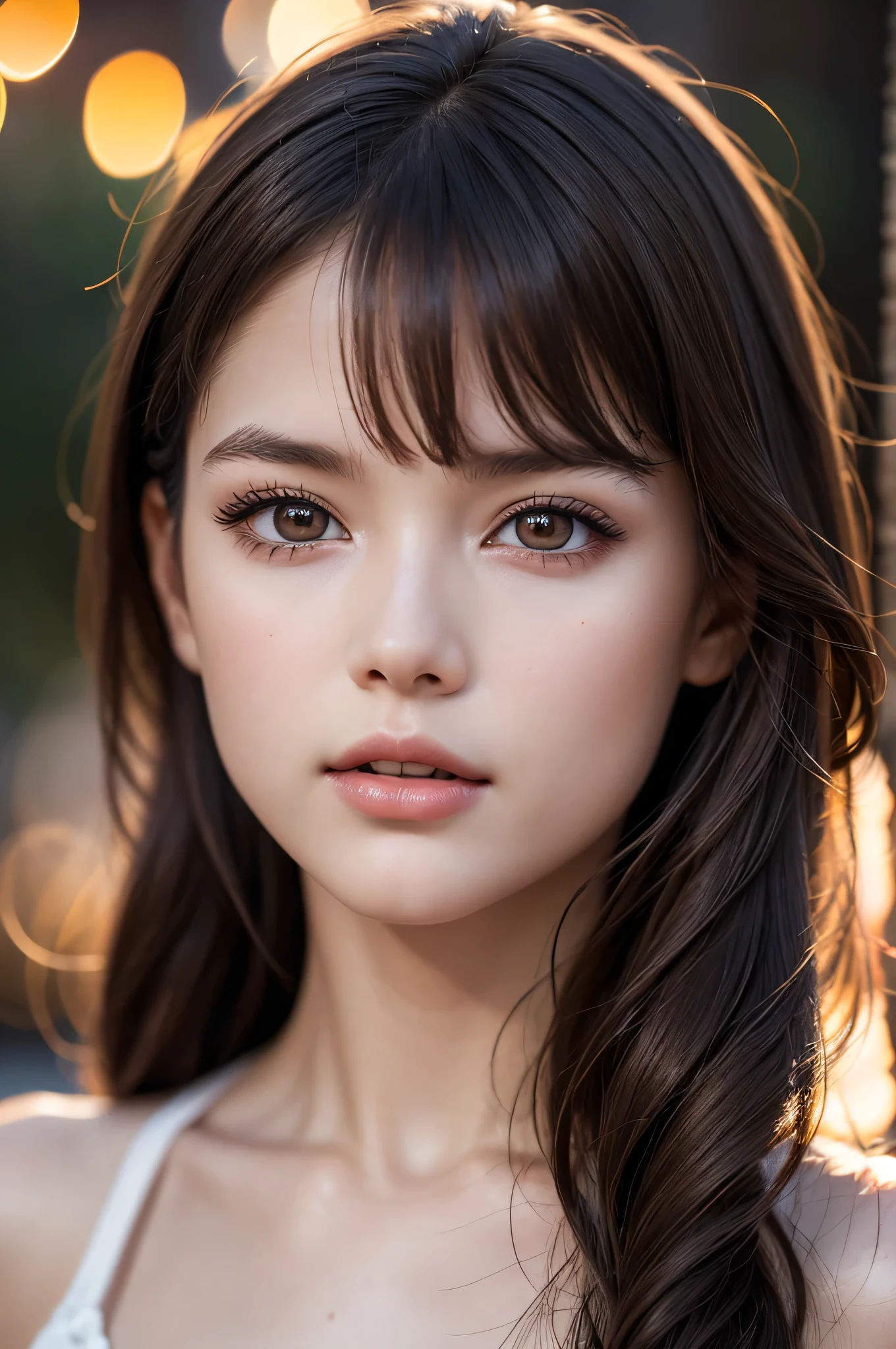 (best quality), (ultra-detailed), (llustration), (detailed light), (an extremely delicate and beautiful), 1young girl, brown hair, brown eyes, model, bare shoulders, best quality, extremely detailed CG unified 8k wallpaper, High-definition raw color photos, professional photograpy, (((Bokeh))), depth of fields, twilight, sunset,