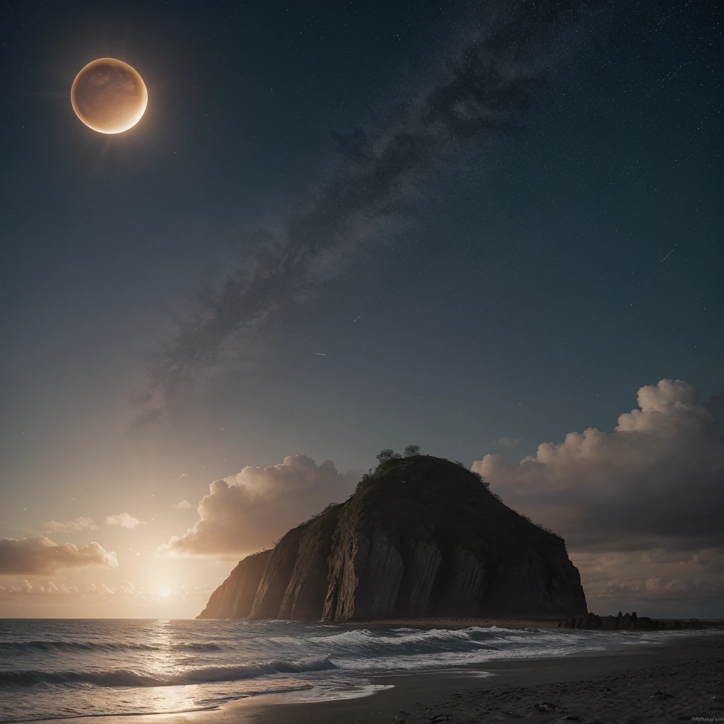 an eclipse seen from the seashore in a starry sunset, few epic clouds, starry sky,masterpiece, cinematographic, 8k, Wallpaper