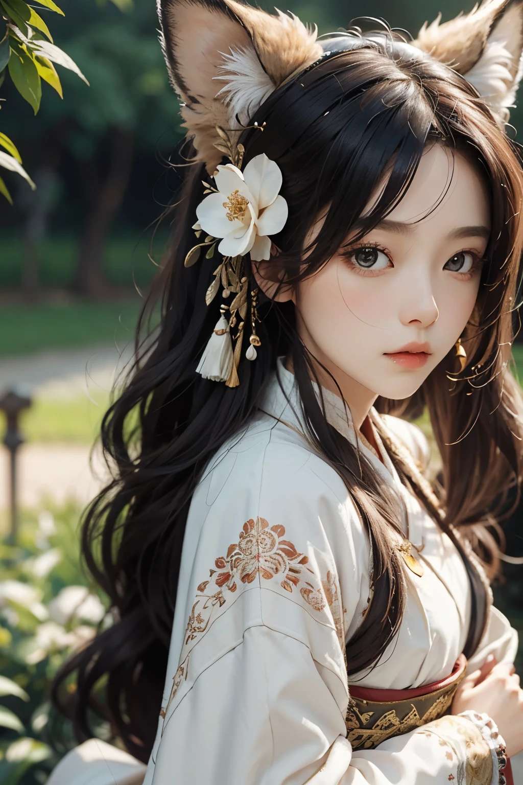 (masterpiece), (best quality), 1girl, girl with fox ears, Hanfu, ancient China, sexy, outdoor, peony, sunny, windy, ancient China architect