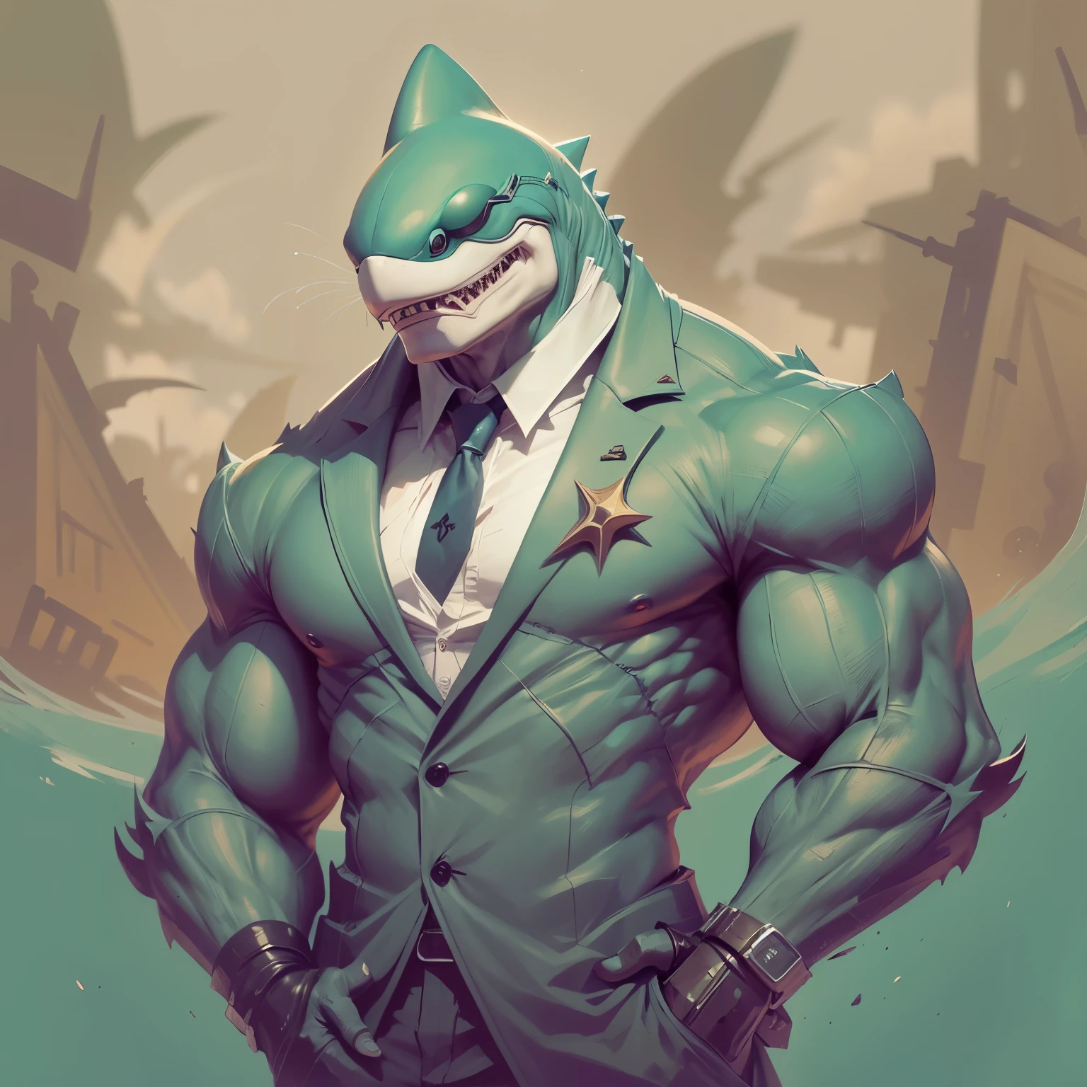 Anthropomorphic sharks，With chiseled claws and huge muscles wearing sunglasses, good proportions, Chad, merchant, suit, expression of stoicism, Unhappy, high resolution, high detail, Character focus,