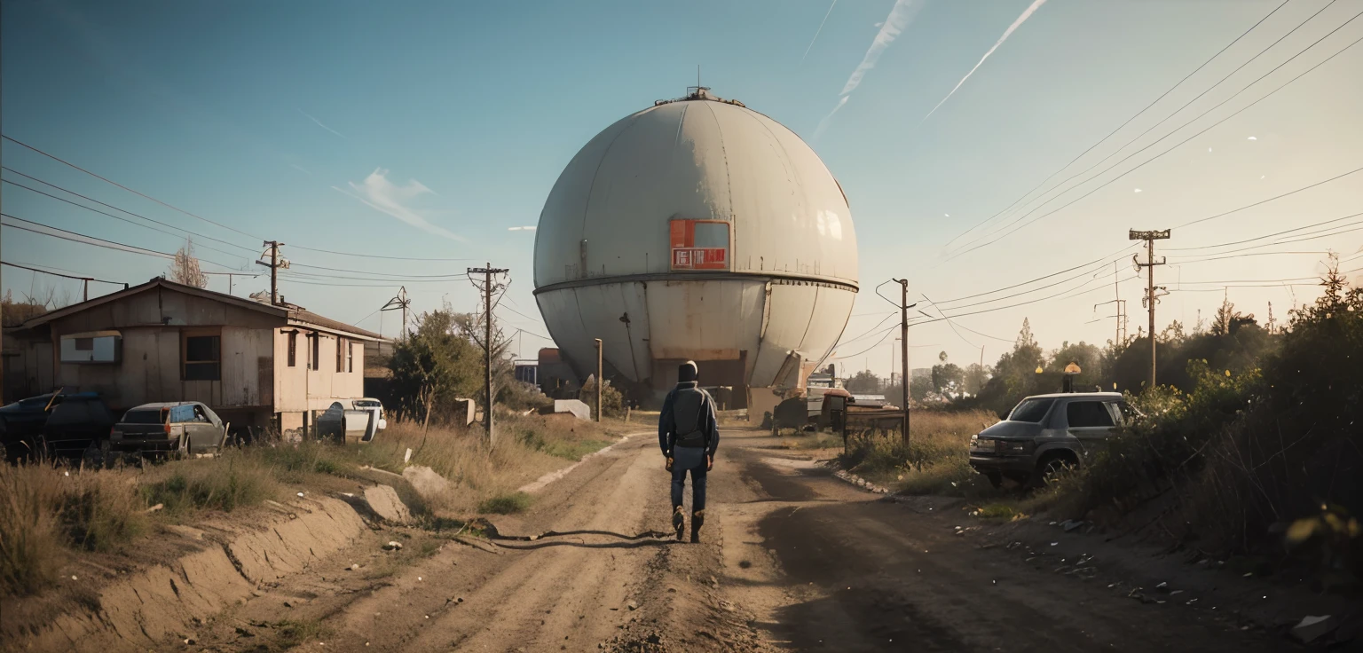 there is a man walking down a dirt road, stalenhag style, simon stålenhag. digital art, stalenhag, simon stalenhag. masterpiece, simin stalenhag, simon stälenhag, by Simon Stalenhag, by Simon Stålenhag, painting by simon stalenhag
