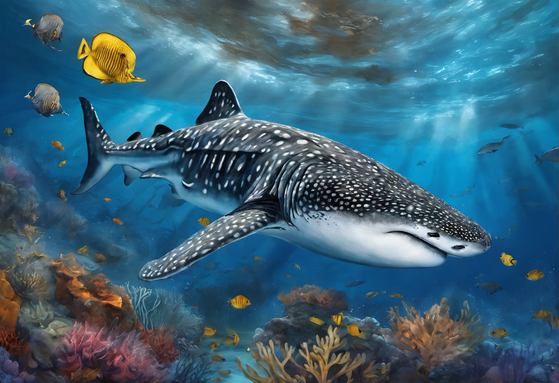 a diver with large breasts,swimming underwater at a close distance to a magnificent whale shark,beautifully detailed underwater scene,crystal clear waters with vibrant marine life,gorgeous coral reef,rays of sunlight penetrating through the water,creating a mesmerizing play of light and shadow,realistic depiction of the diver's scuba gear and equipment,including a tank,mask,and flippers,detailed textures on the skin of the diver and the whale shark,showcasing every scale and pore,impressive scale and size difference between the diver and the massive whale shark,creating a sense of awe and wonder,ultra-detailed rendering of the intricate patterns and colors on the whale shark's skin,the diver and the whale shark surrounded by various other mesmerizing sea creatures like tropical fish and sea turtles,creating a vibrant and lively underwater ecosystem,high-resolution artwork capturing the smallest details,allowing viewers to admire the craftsmanship and skill behind the piece,photorealistic style,bringing the scene to life with its lifelike appearance,vivid and vibrant colors,accentuating the beauty of the underwater world,expertly crafted lighting,enhancing the mood and atmosphere of the scene,immersing viewers in the serene and awe-inspiring underwater environment.