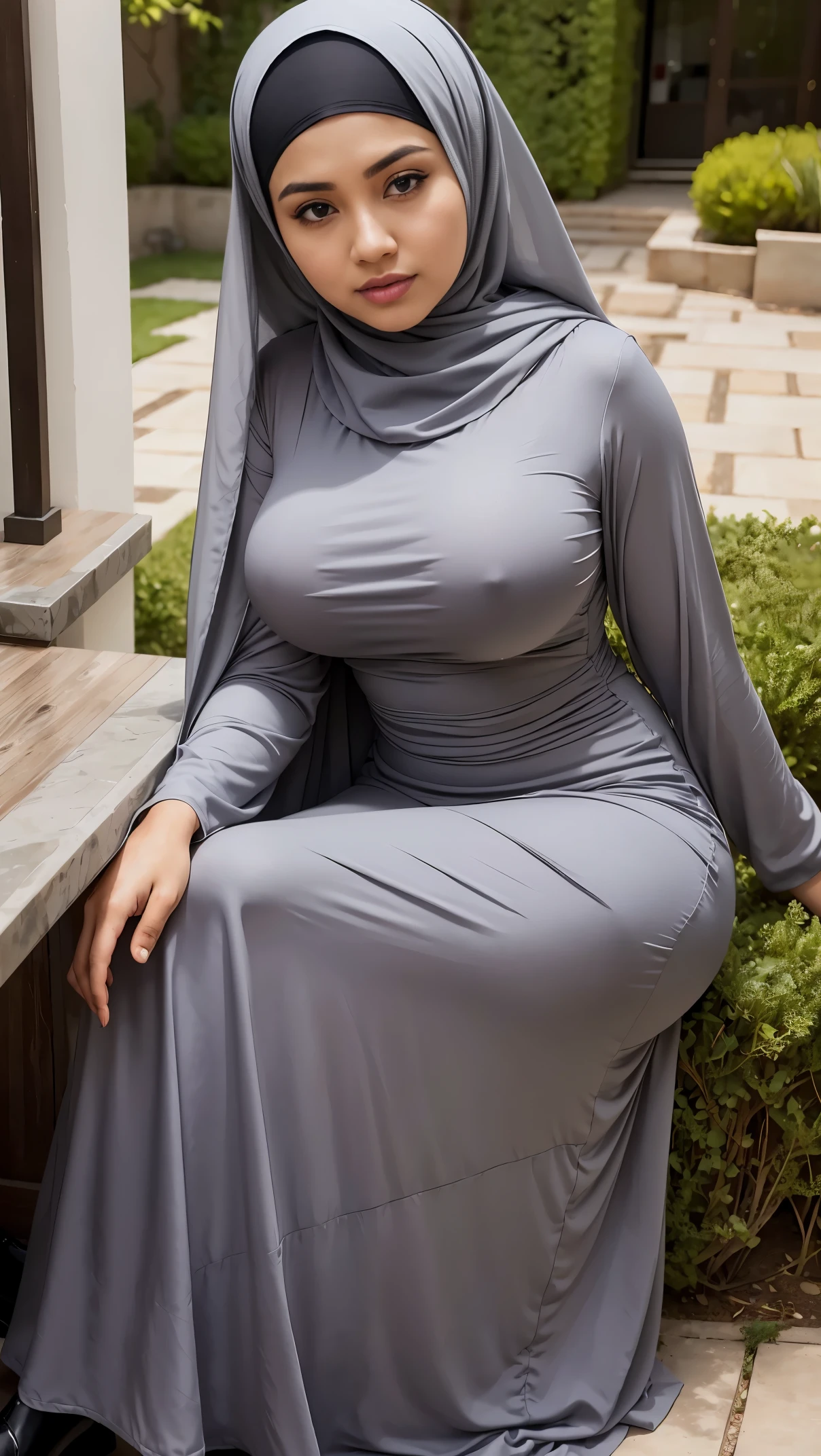 RAW, (Best quality, high resolution, work: 1.3), Beautiful Malay woman in hijab, perfect fit body, Big breast,Beautiful big eyes, Soft smile, beautiful face, slightly open mouth, thick thighs, beautiful buttocks, RAW, Best quality, high resolution, masterpiece: 1.3), beautiful Malay woman in hijab, Masterpiece, perfect fit body, big breasts, thick thighs, beautiful big eyes, Soft smile, beautifull girls, detail face, woman wearing a gray dress and black shoes sitting in front in garden flower cafe, modest flowing gown, full covered dress, transparent gray dress, long dress, long dress female, flowing dress, intricate detailed dress, wearing a flowing dress, sophisticated dress, wearing a long dress, dress in voile, detailed dress, idian dress, monochrome, wearing an elegant dress , muslim, excellent lighting.