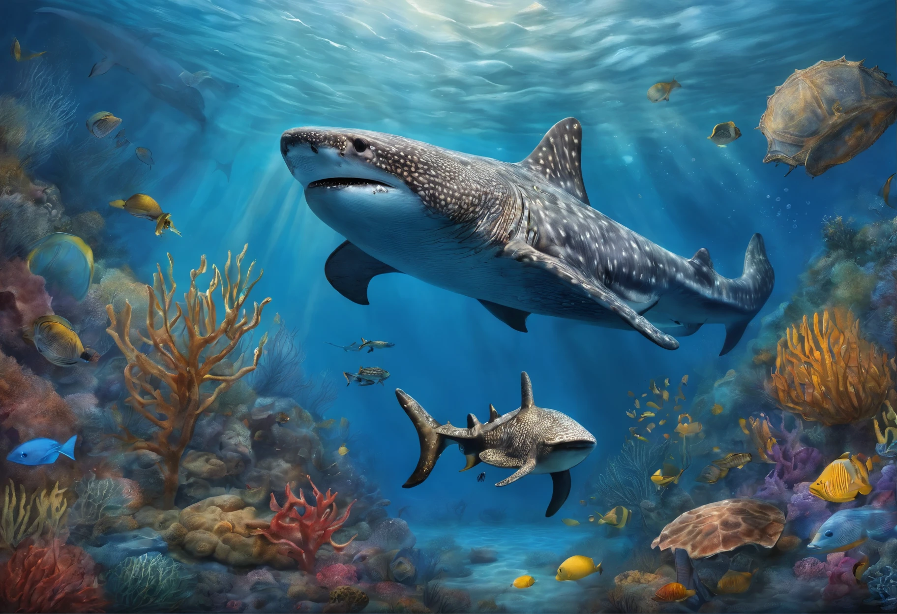 a diver with large breasts,swimming underwater at a close distance to a magnificent whale shark,beautifully detailed underwater scene,crystal clear waters with vibrant marine life,gorgeous coral reef,rays of sunlight penetrating through the water,creating a mesmerizing play of light and shadow,realistic depiction of the diver's scuba gear and equipment,including a tank,mask,and flippers,detailed textures on the skin of the diver and the whale shark,showcasing every scale and pore,impressive scale and size difference between the diver and the massive whale shark,creating a sense of awe and wonder,ultra-detailed rendering of the intricate patterns and colors on the whale shark's skin,the diver and the whale shark surrounded by various other mesmerizing sea creatures like tropical fish and sea turtles,creating a vibrant and lively underwater ecosystem,high-resolution artwork capturing the smallest details,allowing viewers to admire the craftsmanship and skill behind the piece,photorealistic style,bringing the scene to life with its lifelike appearance,vivid and vibrant colors,accentuating the beauty of the underwater world,expertly crafted lighting,enhancing the mood and atmosphere of the scene,immersing viewers in the serene and awe-inspiring underwater environment.