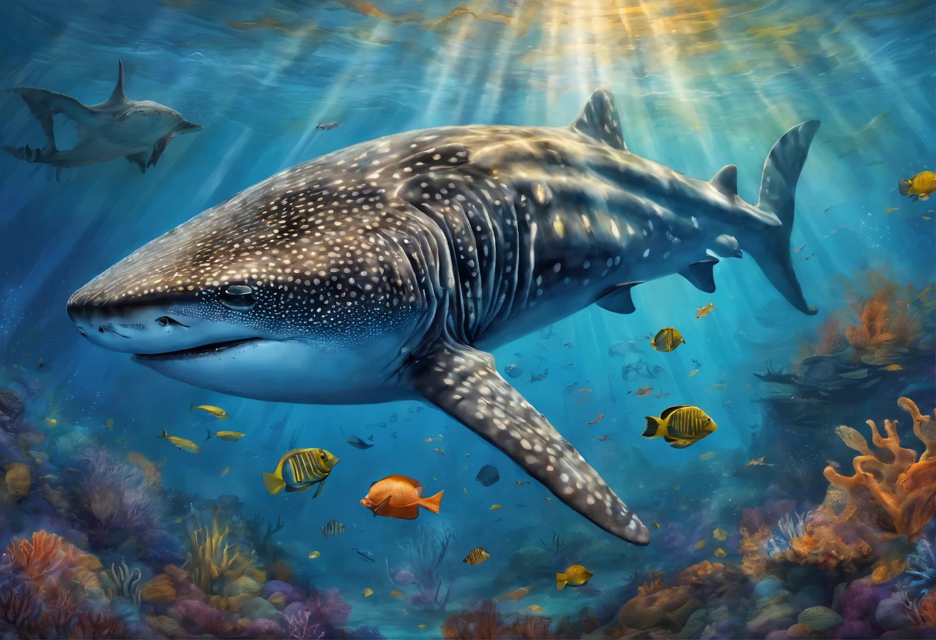 Big breasted diver and whale shark