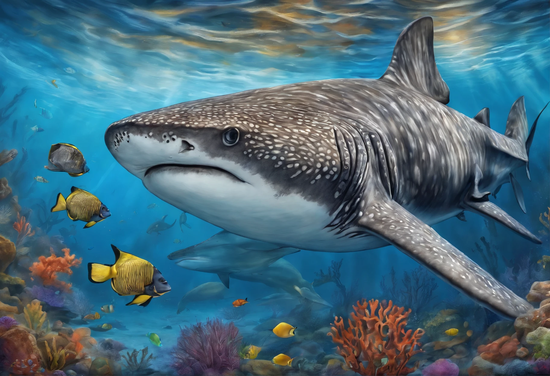 a diver with large breasts,swimming underwater at a close distance to a magnificent whale shark,beautifully detailed underwater scene,crystal clear waters with vibrant marine life,gorgeous coral reef,rays of sunlight penetrating through the water,creating a mesmerizing play of light and shadow,realistic depiction of the diver's scuba gear and equipment,including a tank,mask,and flippers,detailed textures on the skin of the diver and the whale shark,showcasing every scale and pore,impressive scale and size difference between the diver and the massive whale shark,creating a sense of awe and wonder,ultra-detailed rendering of the intricate patterns and colors on the whale shark's skin,the diver and the whale shark surrounded by various other mesmerizing sea creatures like tropical fish and sea turtles,creating a vibrant and lively underwater ecosystem,high-resolution artwork capturing the smallest details,allowing viewers to admire the craftsmanship and skill behind the piece,photorealistic style,bringing the scene to life with its lifelike appearance,vivid and vibrant colors,accentuating the beauty of the underwater world,expertly crafted lighting,enhancing the mood and atmosphere of the scene,immersing viewers in the serene and awe-inspiring underwater environment.