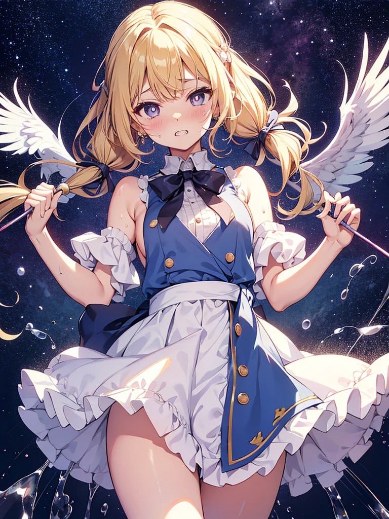 Magical girl around 、blonde。small breasts、ribbon、apron dress、frills、white pants、Roll up your skirt、大きなribbon、blue dress、(top-less, small breasts, nipp), ((puss juice, Sweat, Sweatdrop)), (((spread puss,Not Safe for Work))), ((ure-thra)), urinates, anus, orga-sm, embarrassed,heart shaped pupils, clenched teeth,steam,