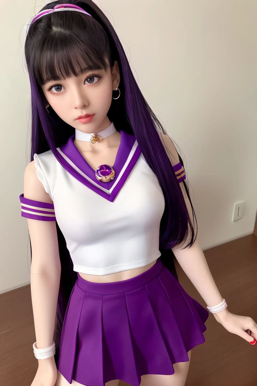 sailor moon、Sailor Mars、Rei Hino、sailor suit、mini skirt、purple straight long、(muste piece: 1.1), (best quality: 1.1)、(highly detailed skin), (best quality:1.0), (ultra high resolution:1.0) ,(realistic photo:1.0), (Super detailed:1.0), (8K, Raw photo:1.1),