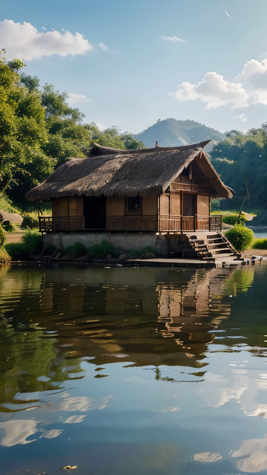 "Generate an ultra-realistic image depicting some traditional hut situated beside a tranquil lake in an Indian village. Emphasize intricate details in the architecture, realistic reflections on the water, and meticulous attention to the surrounding natural elements. Aim for a visually stunning portrayal that brings the viewer into the immersive reality of this serene lakeside scene."