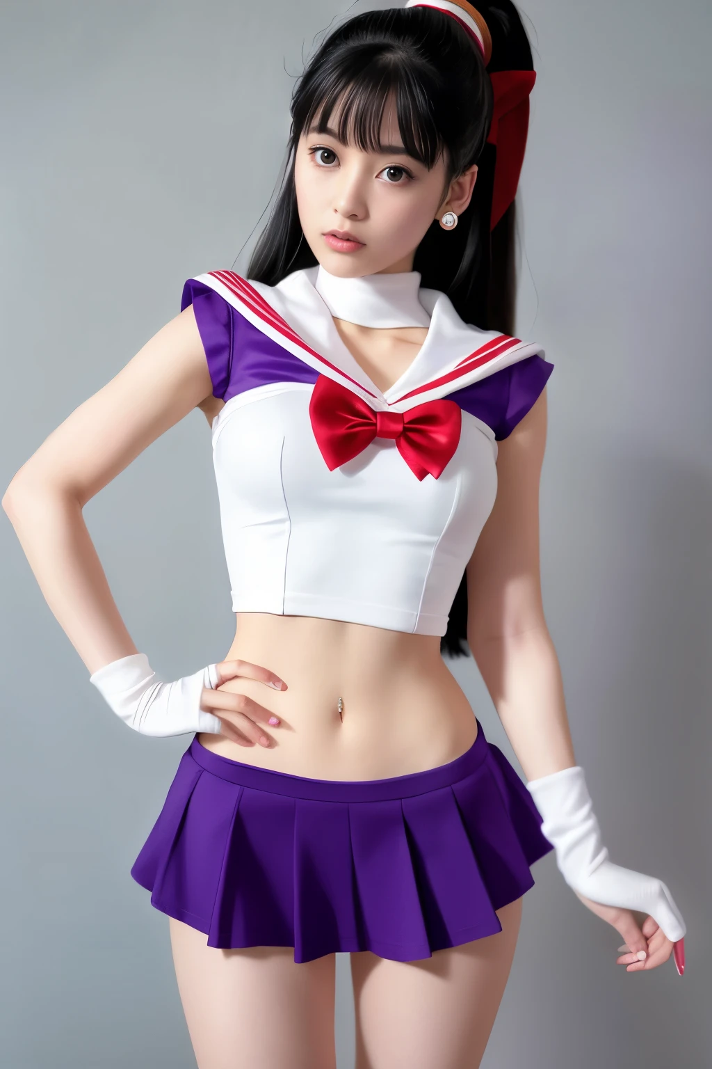 sailor moon、Sailor Mars、Rei Hino、sailor suit、mini skirt、purple straight long、(muste piece: 1.1), (best quality: 1.1)、(highly detailed skin), (best quality:1.0), (ultra high resolution:1.0) ,(realistic photo:1.0), (Super detailed:1.0), (8K, Raw photo:1.1),