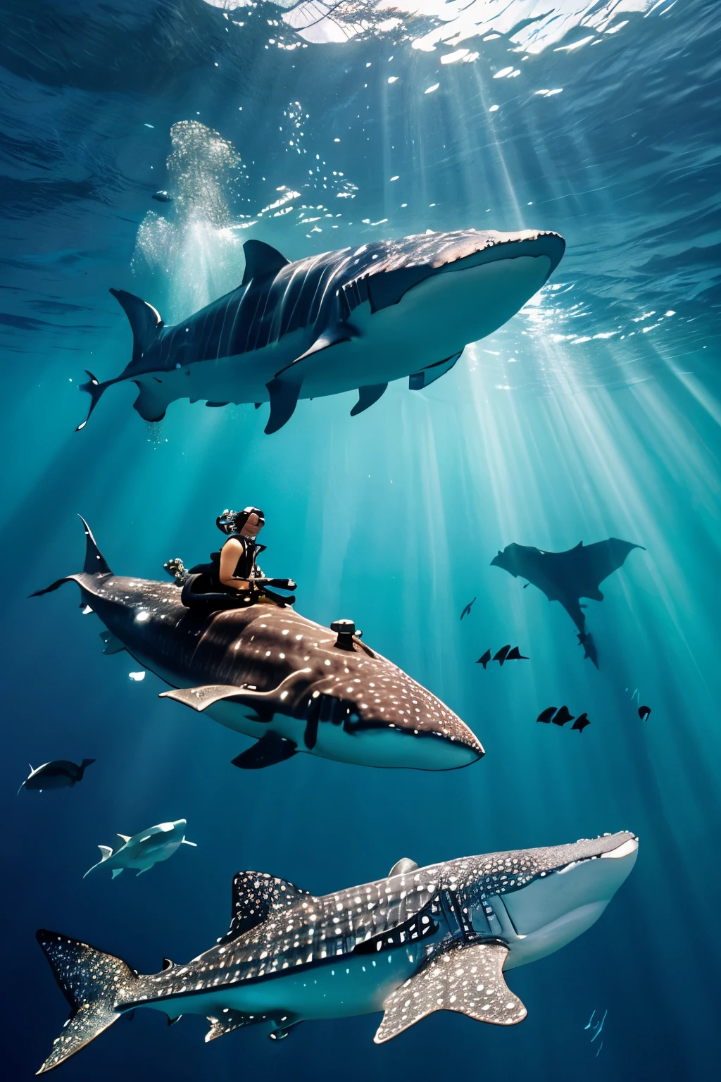 a diver with large breasts,swimming underwater at a close distance to a magnificent whale shark,beautifully detailed underwater scene,crystal clear waters with vibrant marine life,gorgeous coral reef,rays of sunlight penetrating through the water,creating a mesmerizing play of light and shadow,realistic depiction of the diver's scuba gear and equipment,including a tank,mask,and flippers,detailed textures on the skin of the diver and the whale shark,showcasing every scale and pore,impressive scale and size difference between the diver and the massive whale shark,creating a sense of awe and wonder,ultra-detailed rendering of the intricate patterns and colors on the whale shark's skin,the diver and the whale shark surrounded by various other mesmerizing sea creatures like tropical fish and sea turtles,creating a vibrant and lively underwater ecosystem,high-resolution artwork capturing the smallest details,allowing viewers to admire the craftsmanship and skill behind the piece,photorealistic style,bringing the scene to life with its lifelike appearance,vivid and vibrant colors,accentuating the beauty of the underwater world,expertly crafted lighting,enhancing the mood and atmosphere of the scene,immersing viewers in the serene and awe-inspiring underwater environment.