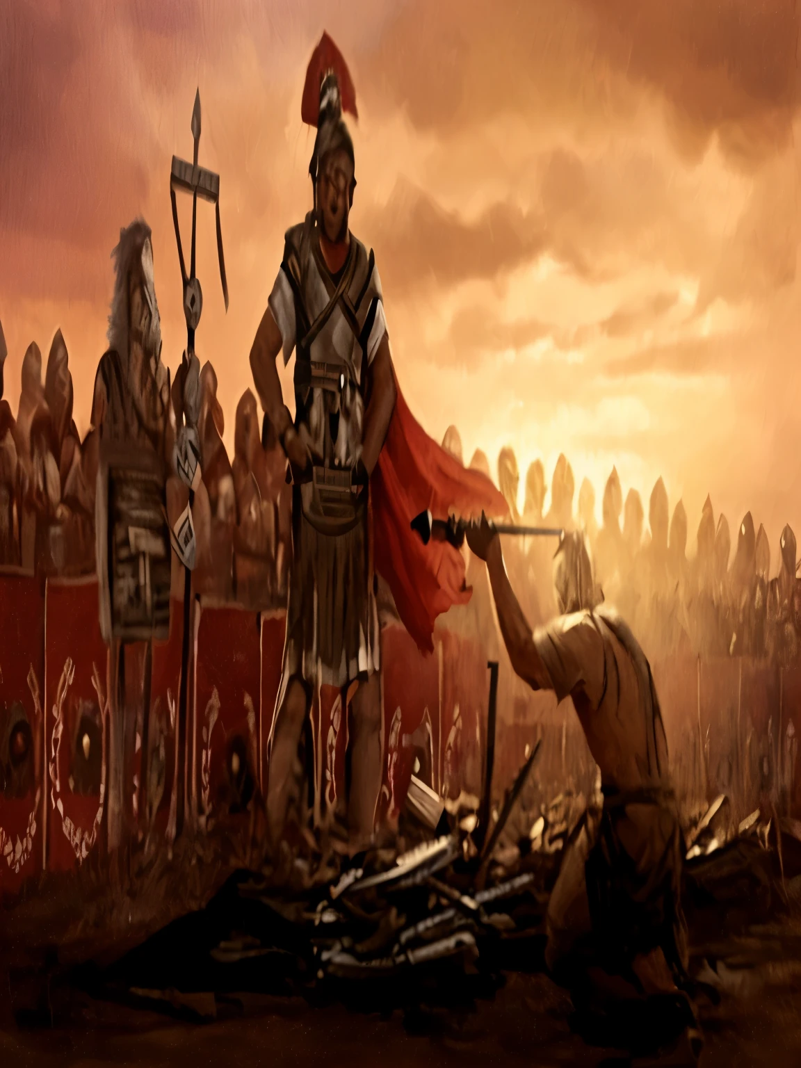 there is a painting of a man in Roman costume holding a sword, epic battle scene, roman centurion, caesar victorious, gladiador romano, epic battle scene, mocking Roman legionary, game illustration, heroic battle scene, roman festival backdrop, inspirado em Caesar van Everdingen, inspirado em Roman Bezpalkiv, Roman Empire