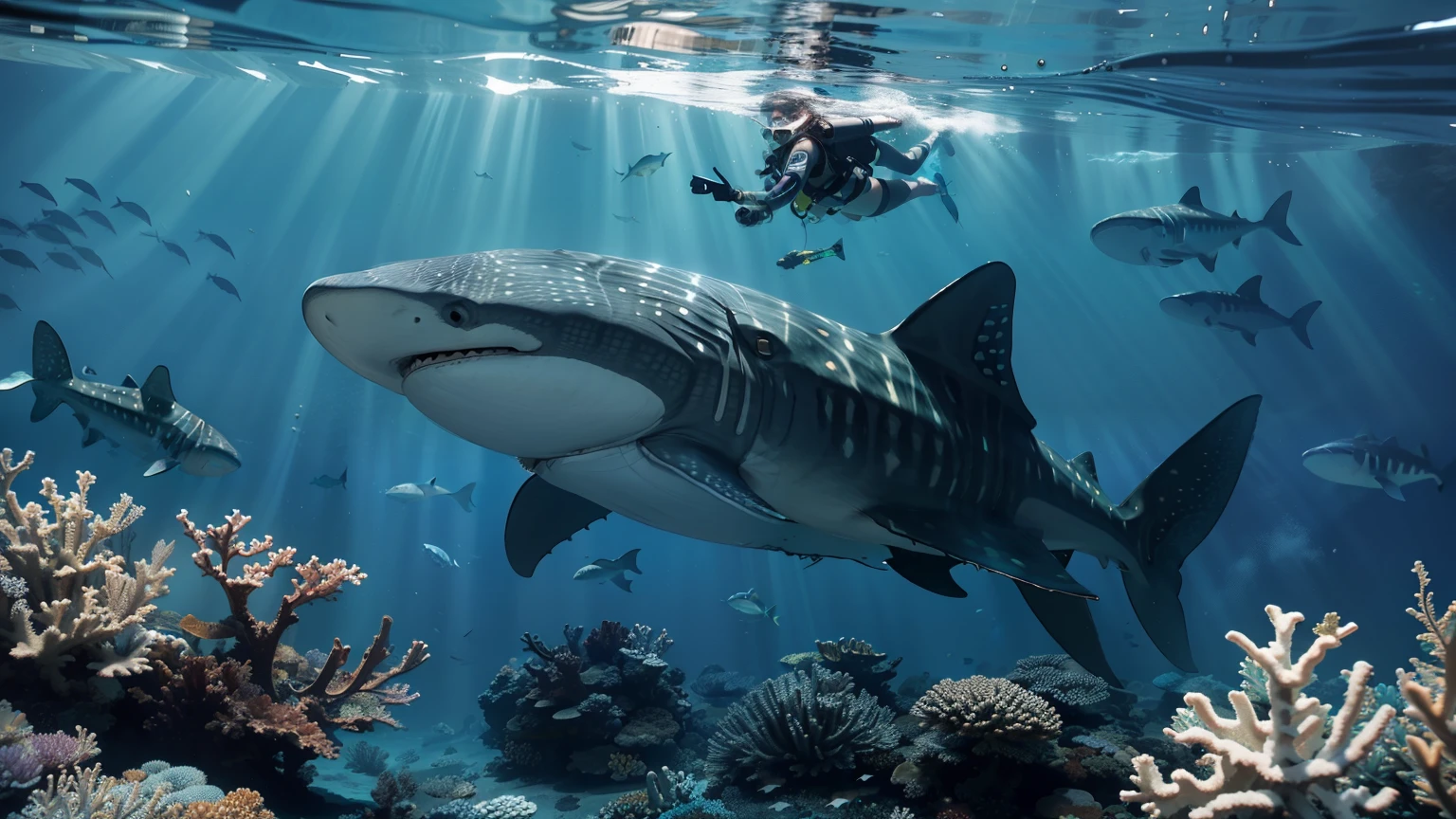 A diver with large breasts swims exhilariously close to a magnificent whale shark in this beautifully detailed underwater scene, surrounded by crystal clear waters teeming with vibrant marine life. The gorgeous coral reef below is illuminated by rays of sunlight, which penetrate through the water and create a mesmerizing play of light and shadow.

The realistic depiction of the diver's scuba gear and equipment, including a tank, mask, and flippers, adds depth and texture to the image. The diver's skin and that of the awe-inspiring whale shark are shown with intricate detail, showcasing every scale and pore. The impressive scale and