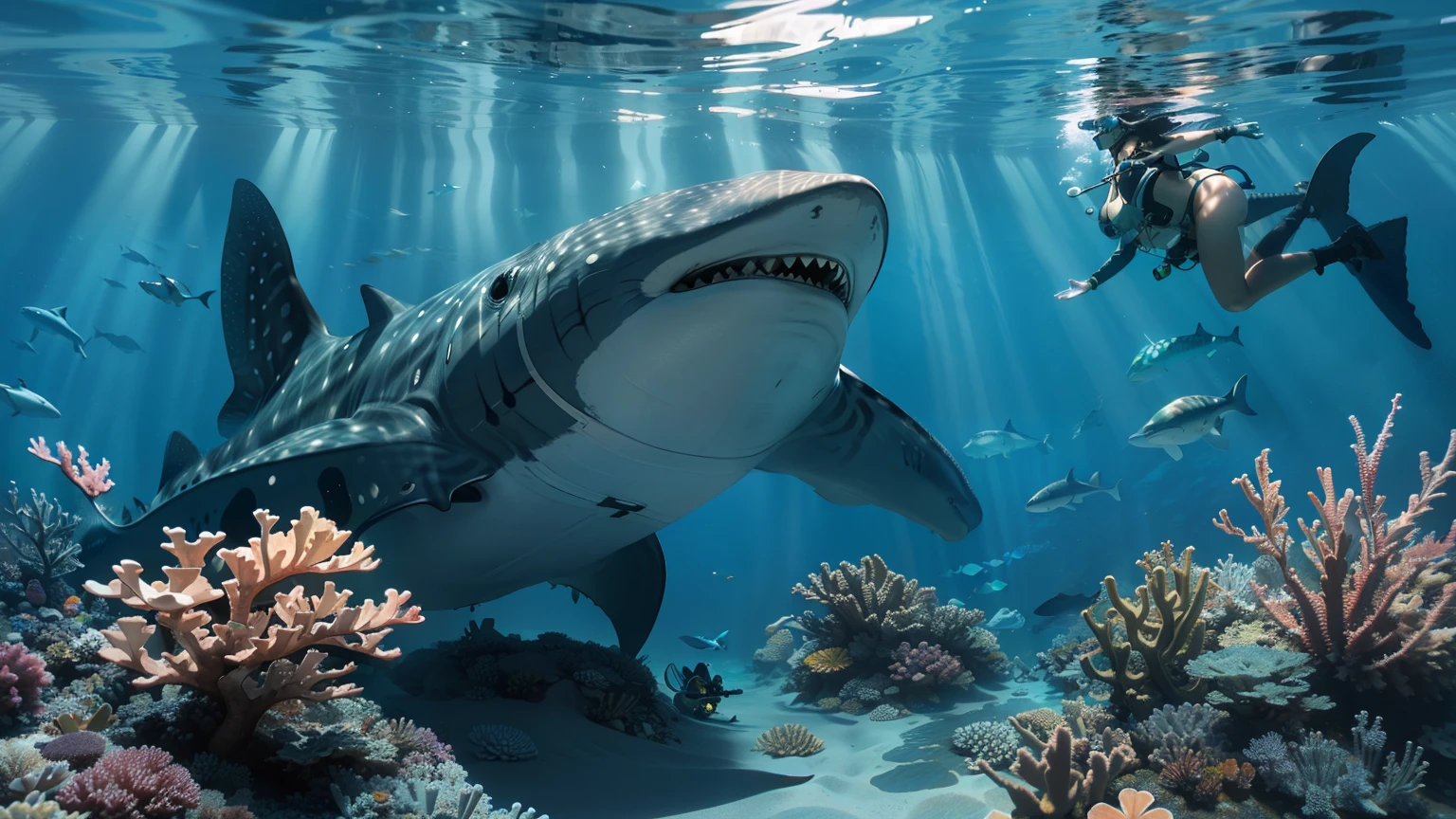 A diver with large breasts swims exhilariously close to a magnificent whale shark in this beautifully detailed underwater scene, surrounded by crystal clear waters teeming with vibrant marine life. The gorgeous coral reef below is illuminated by rays of sunlight, which penetrate through the water and create a mesmerizing play of light and shadow.

The realistic depiction of the diver's scuba gear and equipment, including a tank, mask, and flippers, adds depth and texture to the image. The diver's skin and that of the awe-inspiring whale shark are shown with intricate detail, showcasing every scale and pore. The impressive scale and