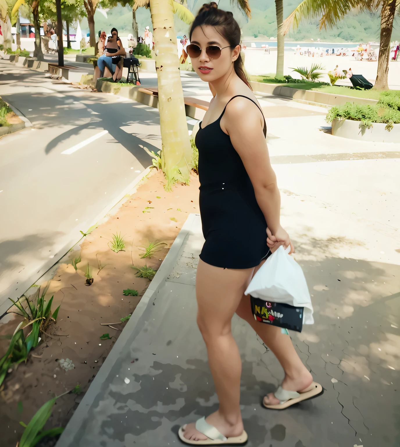 linda mulher, Vestindo shorts, uma camiseta preta, in flip-flops walking on the sidewalk next to the beach, linda garota vestindo uma blusa preta justa e shorts, na praia, Num dia de sol. Uma mulher com pele branca e cabelos escuros. Ela tem trinta anos. Seu vermelho, slightly plump lips are like a delicate flower, e ela grande, olhos encantadores parecem conter um mundo de maravilhas. Ela tem 30 anos. Your body exudes glamor and your face is the definition of beauty. pernas bem torneadas. Altamente realista, pele avermelhada, beautiful lips, sorriso, feeling of lightness and joy, hiperrealismo, pele muito elaborada, olhar direto, trabalho de arte, Foto de alta qualidade, high resolution, 8k.