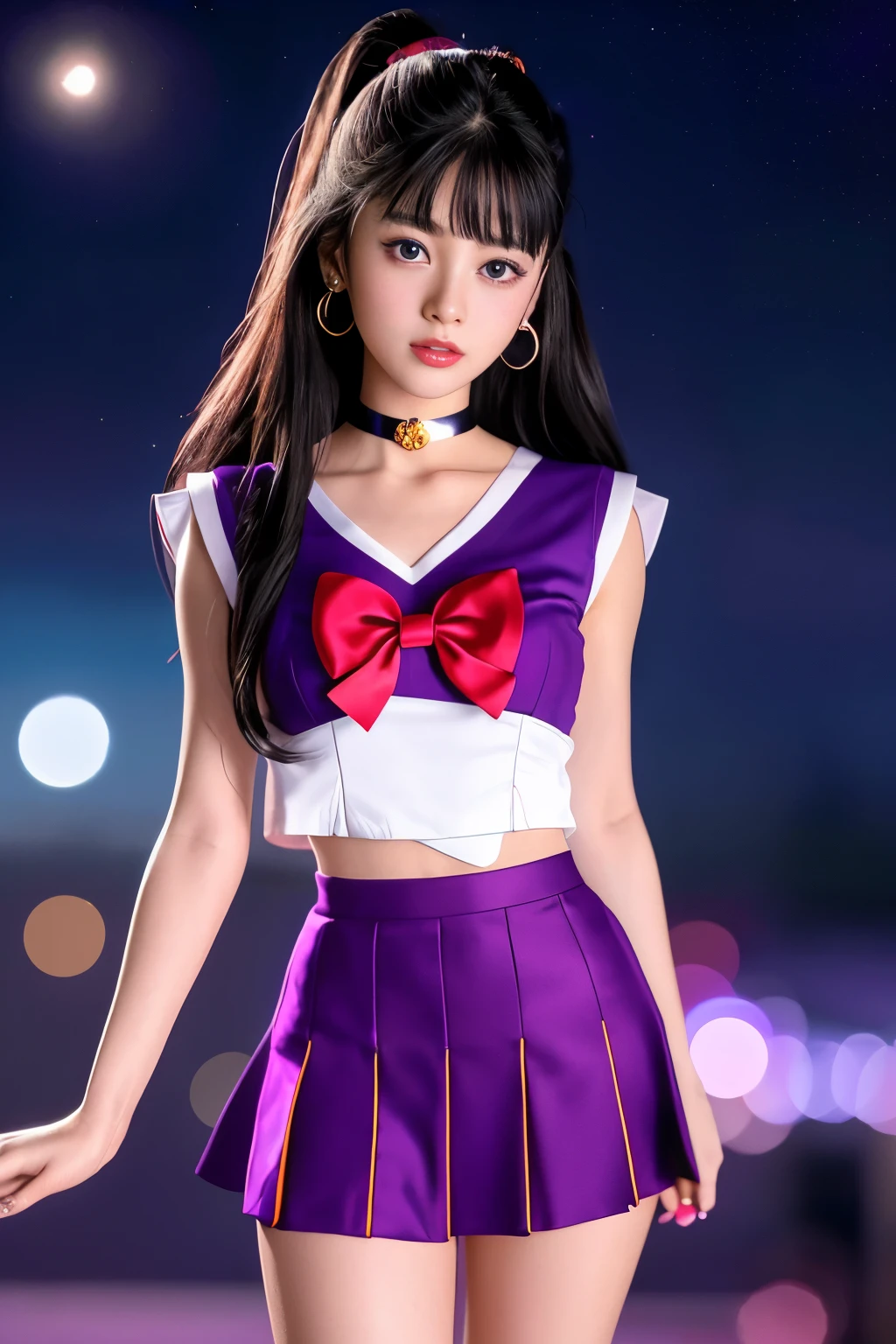 sailor moon、Sailor Mars、Rei Hino、sailor suit、mini skirt、purple straight long、(muste piece: 1.1), (best quality: 1.1)、(highly detailed skin), (best quality:1.0), (ultra high resolution:1.0) ,(realistic photo:1.0), (Super detailed:1.0), (8K, Raw photo:1.1),