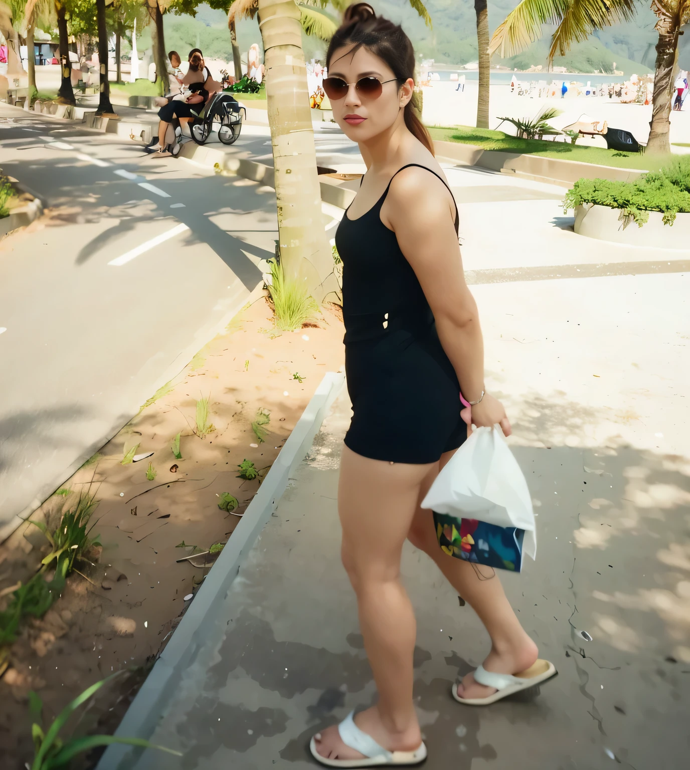 linda mulher, Vestindo shorts, uma camiseta preta, in flip-flops walking on the sidewalk next to the beach, linda garota vestindo uma blusa preta justa e shorts, na praia, Num dia de sol. Uma mulher com pele branca e cabelos escuros. Ela tem trinta anos. Seu vermelho, slightly plump lips are like a delicate flower, e ela grande, olhos encantadores parecem conter um mundo de maravilhas. Ela tem 30 anos. Your body exudes glamor and your face is the definition of beauty. pernas bem torneadas. Altamente realista, pele avermelhada, beautiful lips, sorriso, feeling of lightness and joy, hiperrealismo, pele muito elaborada, olhar direto, trabalho de arte, Foto de alta qualidade, high resolution, 8k.