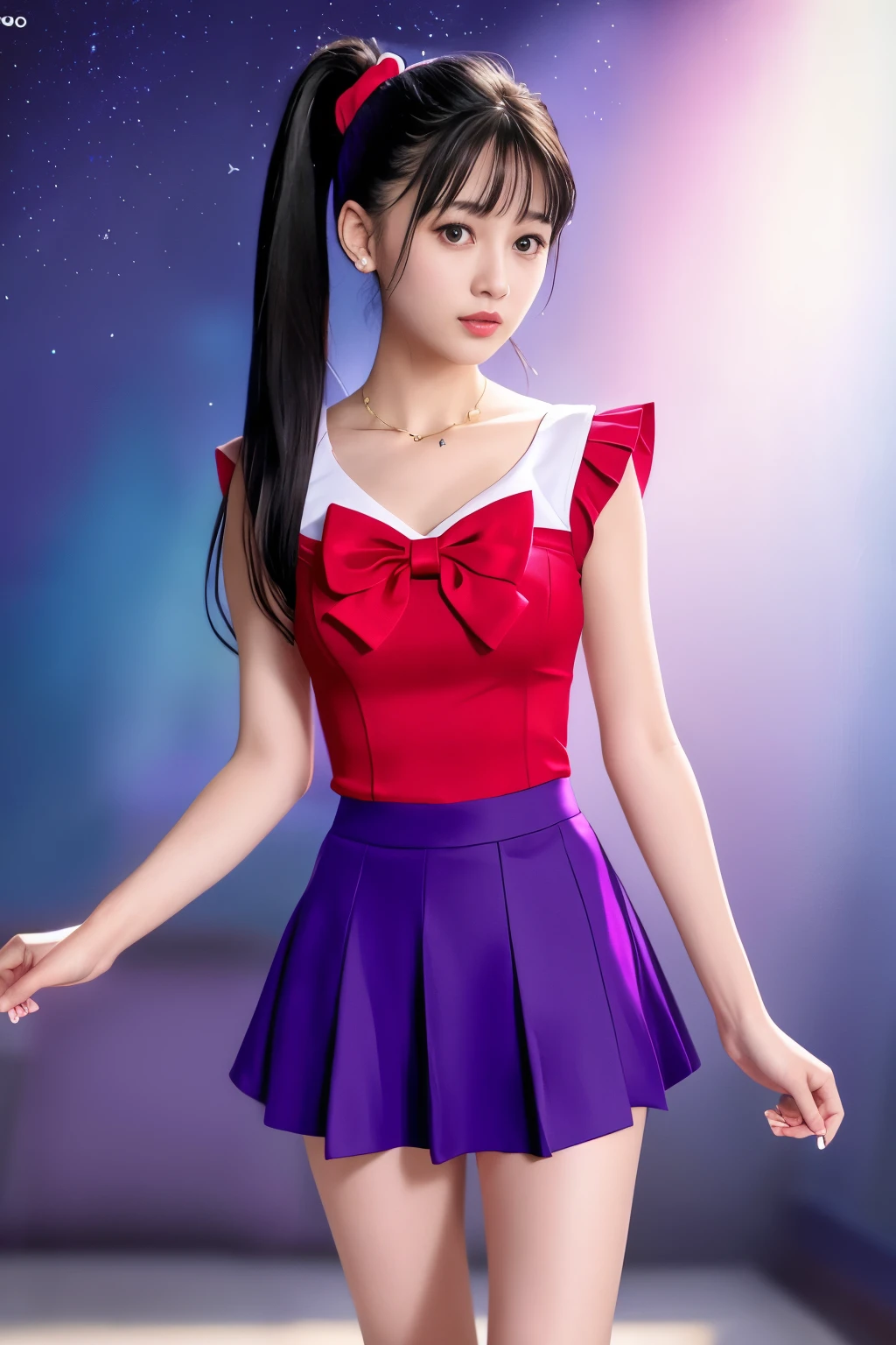 sailor moon、Sailor Mars、Rei Hino、sailor suit、mini skirt、purple straight long、(muste piece: 1.1), (best quality: 1.1)、(highly detailed skin), (best quality:1.0), (ultra high resolution:1.0) ,(realistic photo:1.0), (Super detailed:1.0), (8K, Raw photo:1.1),