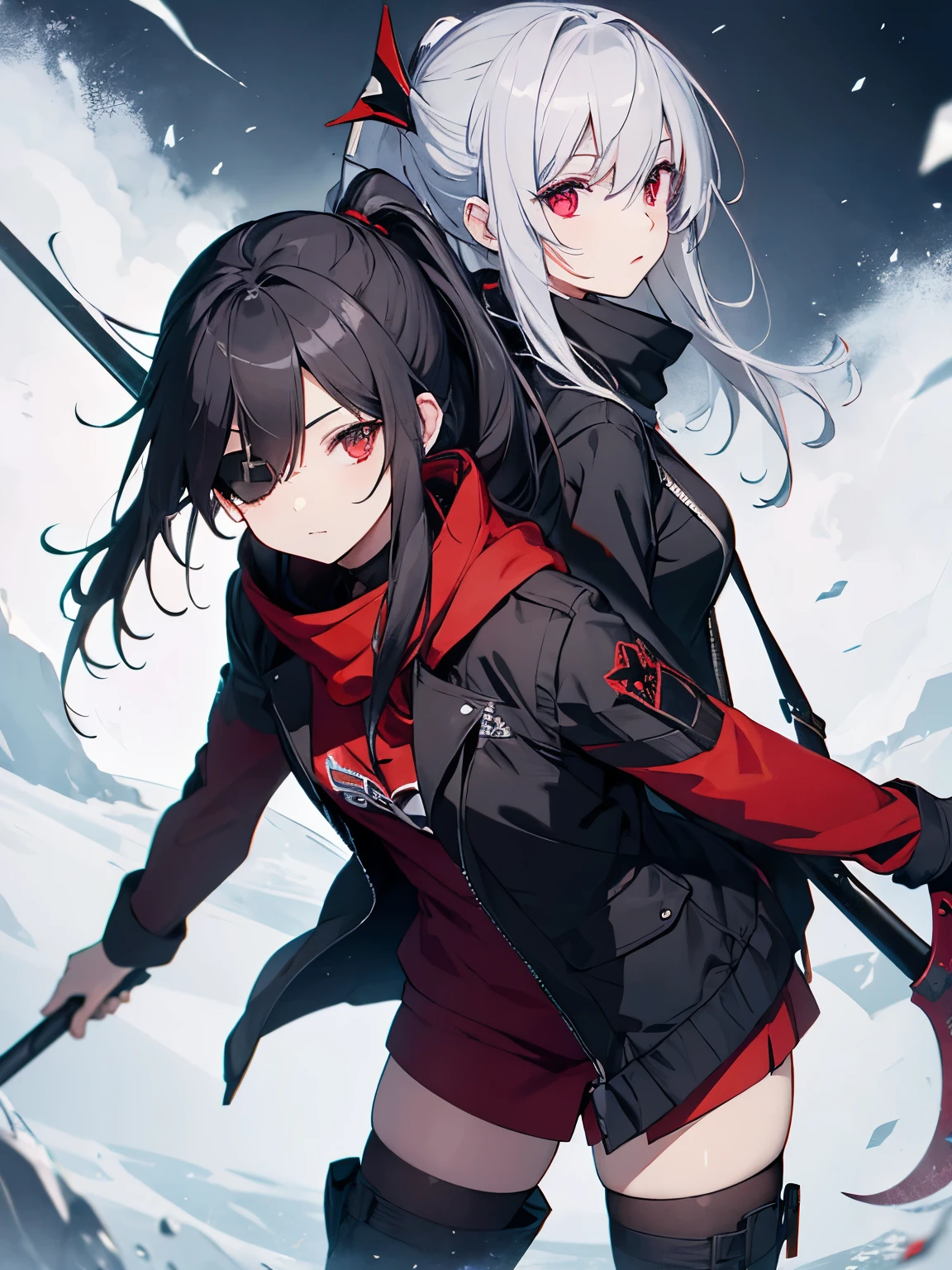 gray hair red eye black clothes the scytheを持っている boots eyepatch Kitchen two disease cool Crow the scythe dark dark darkness 大the scythe grim Reaper evil ponytail long coat sefu ラスsefu Red Moon Blindfold dragon battle battle hood Scarf