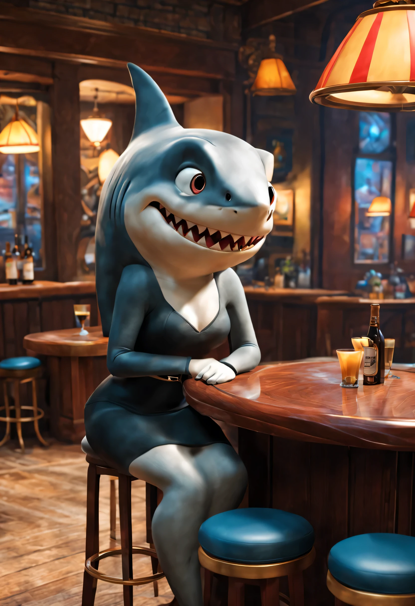 modisn disney a picture of an (anthropomorphic shark: 1.4) female anthropomorphic shark, sitting in a bar, wearing black mini dress, grey shark skin, pixar style 16k, RAW, [best detailed], masterpiece, best quality, High Detail, Ultra High Quality, High Resolution, 16K Resolution, Ultra HD Pictures, Realistic, Clear Details, Realistic Detail, Ultra High Definition