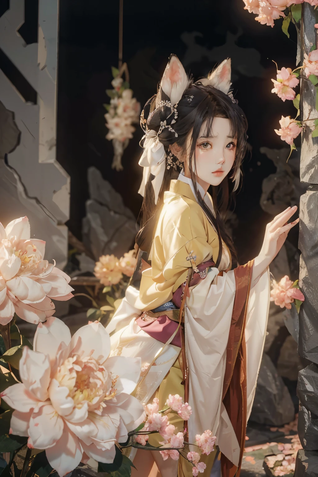 (masterpiece), (best quality), 1girl, girl with fox ears, Hanfu, ancient China, sexy, outdoor, peony, sunny, windy, ancient China architect