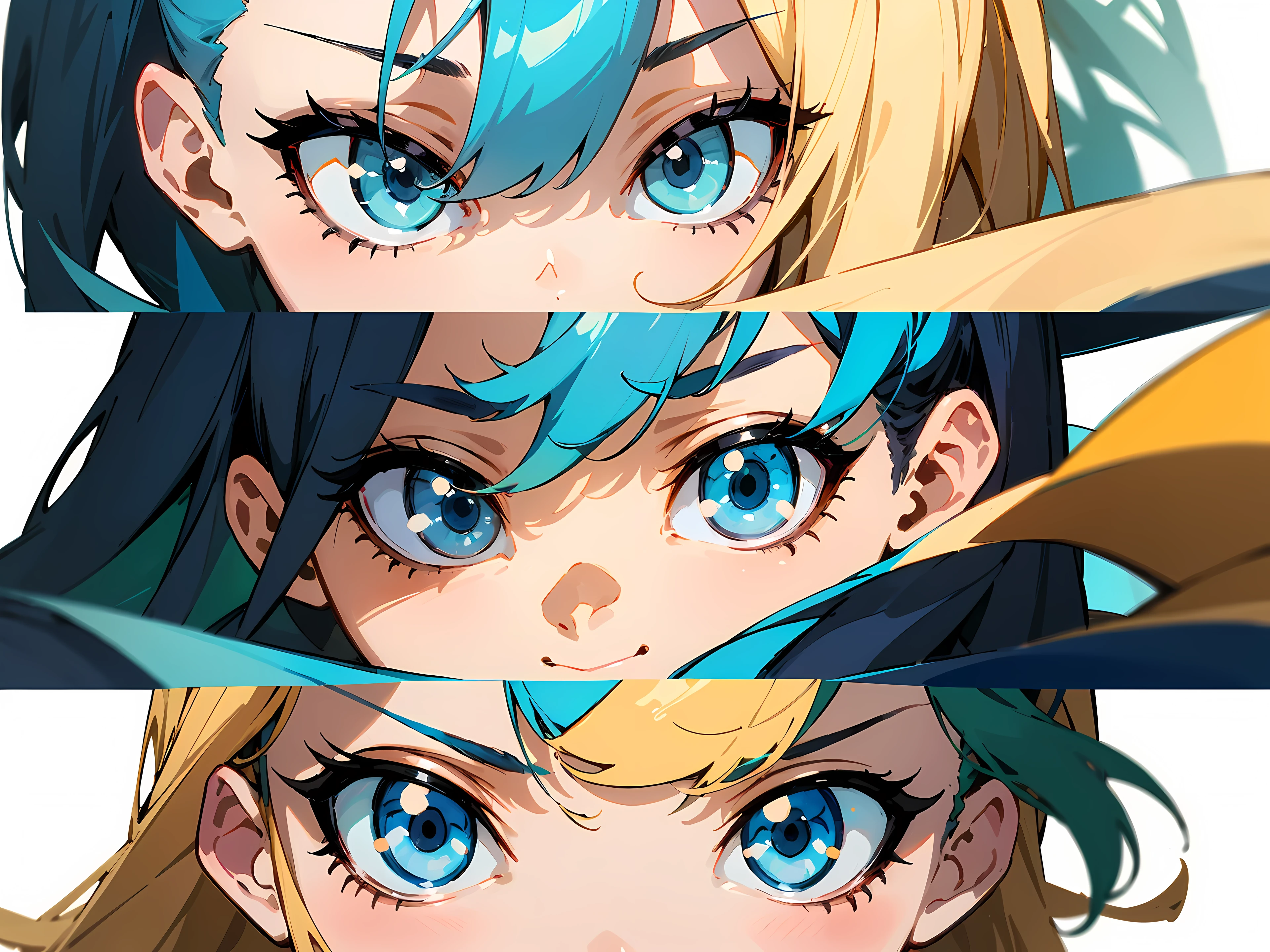 (obra de arte, melhor qualidade), 1garoto, anime character facial expression sheet, Draw a facial expression from multiple directions on one sheet, desenhe um total de 6 faces, 3 na horizontal e 2 na vertical. The specified facial expression is a happy smile, portrait area representation, QUEBRAR, garoto, 18 anos, 185cm de altura, delgado, cabelo verde, big slanted eyes, (fundo branco simples, only the characters are colorful:1.3),