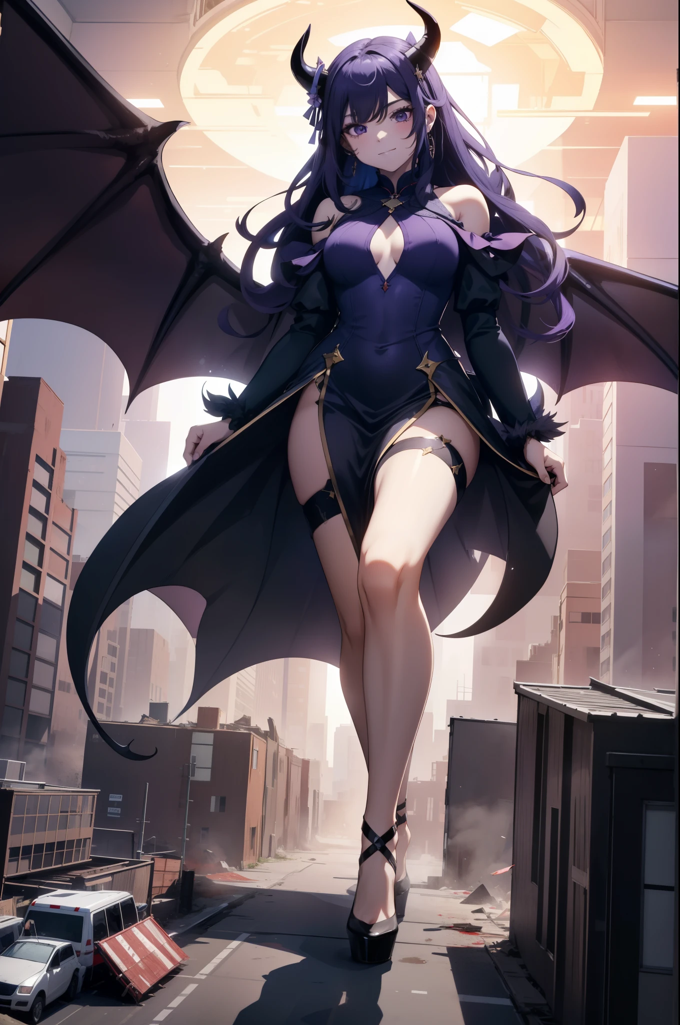 Aerial View,giant girl 50,000 feet high,Have a pair of long legs,Possessing a pair of huge demon wings,With huge devil horns on his head,Princess,mini skirt,Has waist-length purple hair,loose hair,Wearing a pair of Mary Jane heels,purple wavy hair,A look of enjoyment,standing on a ruins,城市到处是blood stains,Beautiful appearance,Exquisite makeup,quality,8k,高quality,(governor:1.5),Perfect proportion, Cinema lighting,film grain,Fuji colors,8k,textured skin,Super details,high detail,high quality,high resolution,explode,fake smile,blood stains,脚底有blood stains,night