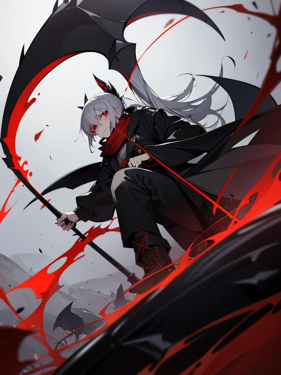 gray hair　red eye　black clothes　the scytheを持っている　boots　eyepatch　Kitchen two disease　cool　Crow　the scythe　dark　dark darkness　大the scythe　grim Reaper　evil　ponytail　long coat　sefu　ラスsefu　Red Moon　Blindfold　dragon　battle　battle　hood　Scarf　angle from below　angerり　arousal　anger　