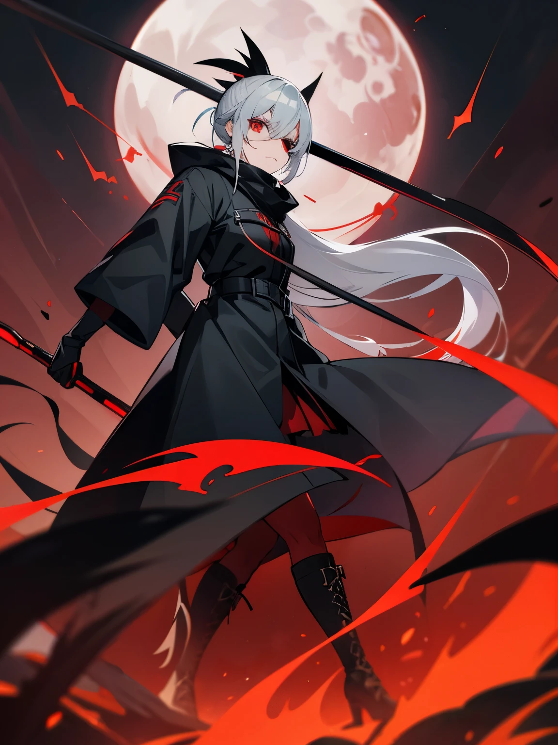 gray hair red eye black clothes the scytheを持っている boots eyepatch Kitchen two disease cool Crow the scythe dark dark darkness 大the scythe grim Reaper evil ponytail long coat sefu ラスsefu Red Moon Blindfold dragon battle battle hood Scarf angle from below angerり arousal anger
