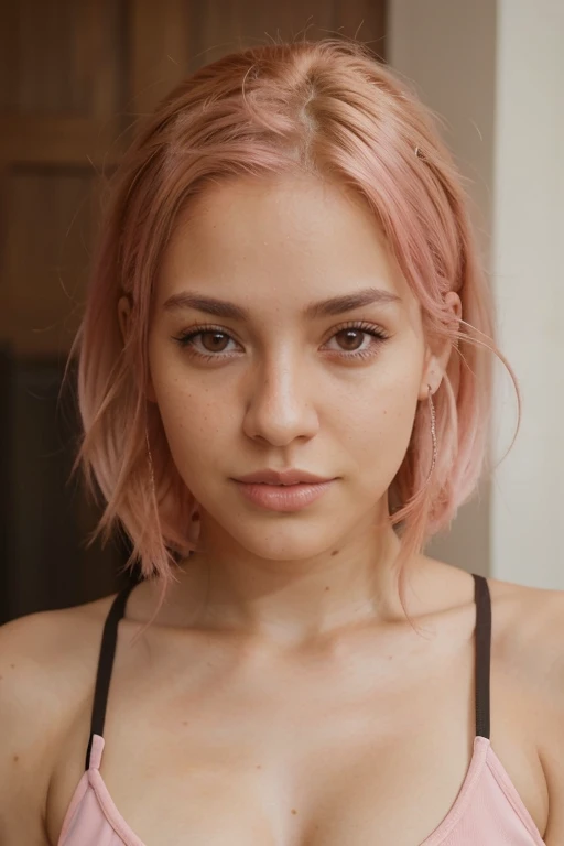 realistic portrait photo of beautiful woman with pink hair, spanish,influencer model,light freckles,Realistic brown eyes,no makeup, at the gym,instagram