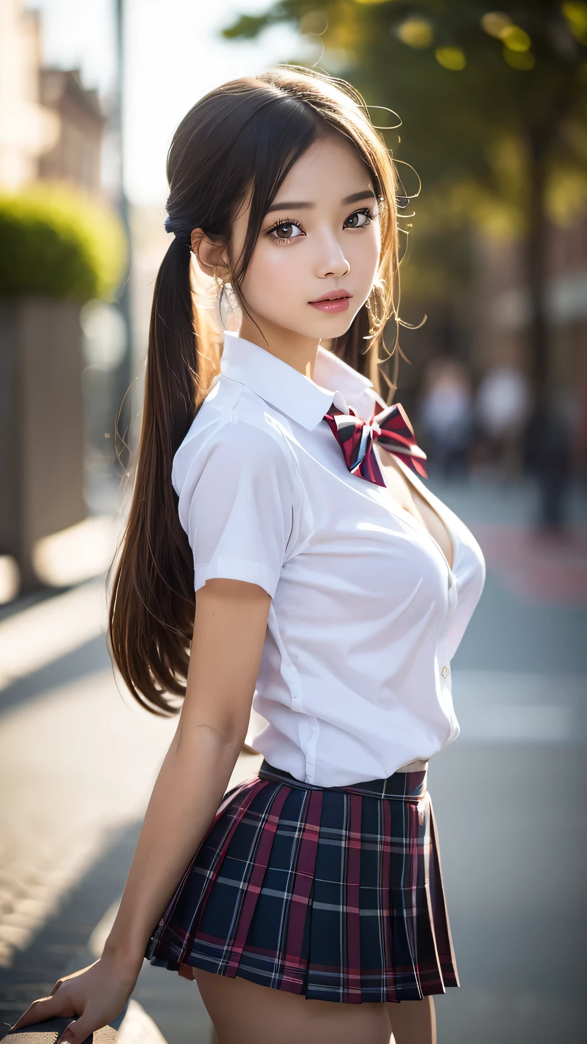 (2 brown hair, Amazing face and eyes, ojos rosados, (Uniforme de alta escuela con los pechos abiertos:1.2), hermosos pechos grandes, Pechos desnudos, (Amazingly beautiful girl), brown hair, (Uniforme de escuela secundaria, Minifalda plisada:1.5), ((La mejor calidad)), (Ultra detallado), (fondo de pantalla CG unificado 8k extremadamente detallado), Altamente detallado, high definition RAW color photos, Professional Photography, (((Bokeh))), Profundidad de campos,
