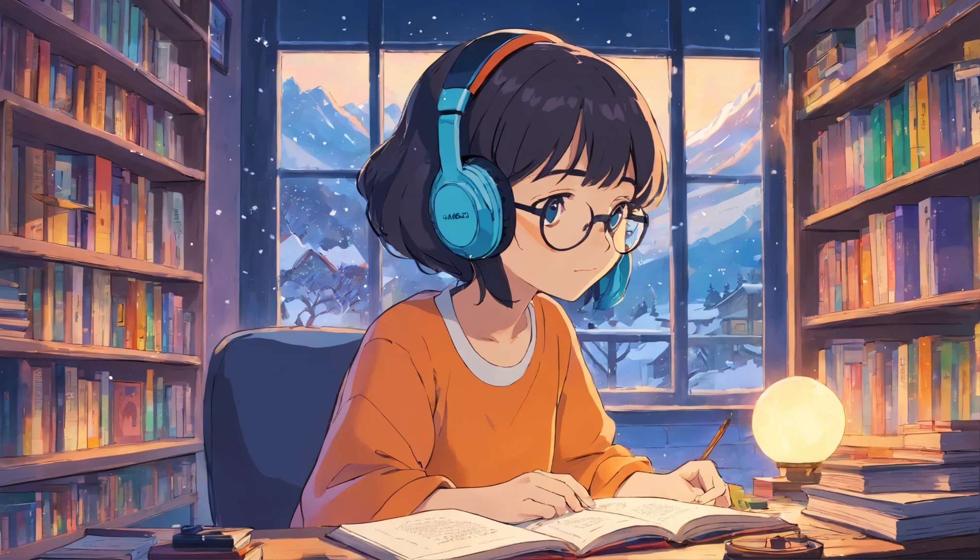 masterpiece, high-quality cg, anime with black skin, perfect hands, perfect hands illustration, best quality, 1 girl with black skin, black skin, no hands visible, beautiful face, detailed face, correct hand shape dokkaebi, solo, looking at viewer, black hair, round glasses, hair behind ears, anime girl studying in her room, dreaming, wearing headphones, too many books, bookshelves, night lights, big window view, snowy day, too much snow. Analog color theme. Lo-Fi Hip Hop, retrospective flat. 2.5D. Line Drawing, Ink Painting, Big Gradient, Watercolor Painting, Goose Color, Studio Ghibli Style, Cool Colorful, Outer Color, krautrock, lofi art, 70's style, old textures, amplitude, psychedelic vibes, masterpiece, Amazing technology.