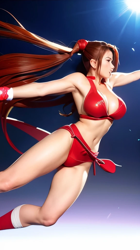 Mai Shiranui kick attack, masterpiece, best quality, super detailed, flat color, depth of field,looking at the audience，big breasts