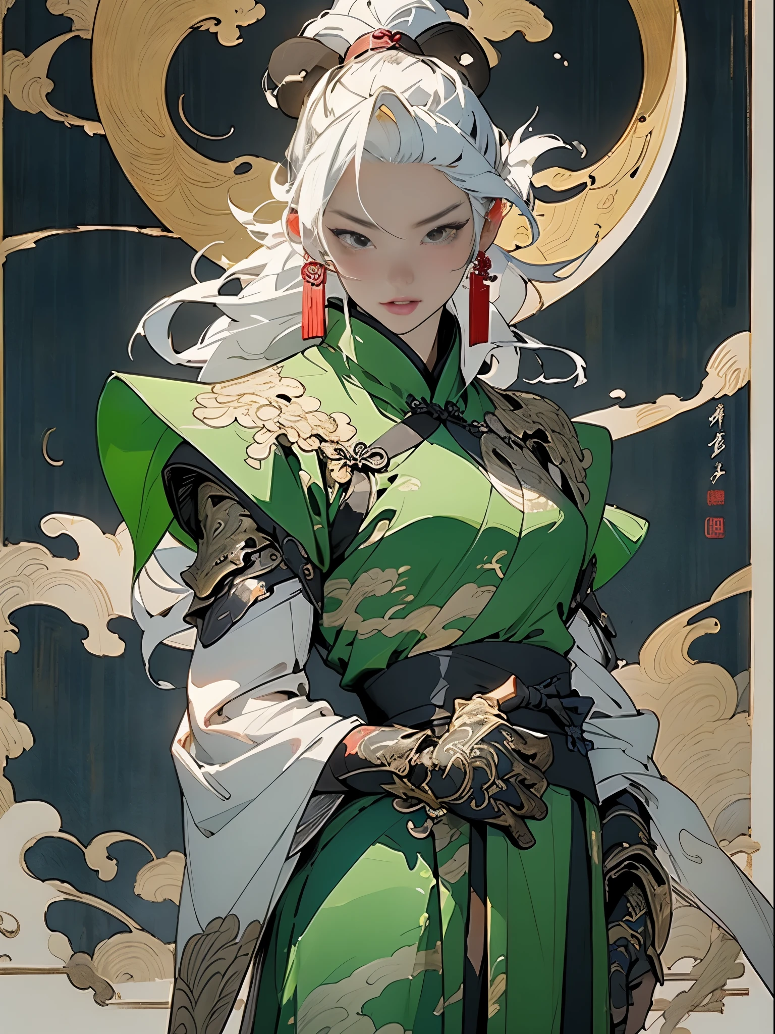 (((China-style,Ink painting method,bust,Intense color,Chinese, China,hanfu,armor,A woman's,Peerless looks,The right hand holds the Azure Dragon Moon Sword,Stroke long hair with left hand,Green robe))), (((best quality))), (((masterpiece))), (((AS-Woman))), ((( China人 ))), Look up from your knees, beautiful Asian ,Perfect body, huge ,full,Modern samurai, ((( Asian))), put on gloves,The left arm is made of steel and metal tips,Made of protective gear, (( Appears below the chest )), (( small dental floss )), Almost Naked Castle City Wilderness,For high resolution posters, straight hair, minimum attire, armor (Crazy clothes ),黑发straight hair,Dyeing hair ends