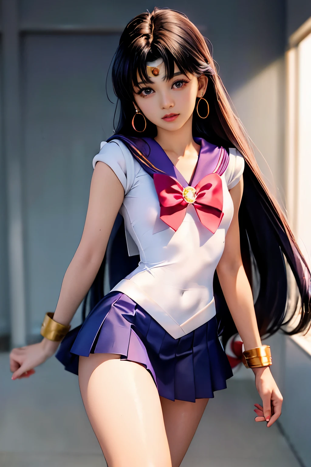 Sailor Mars, 1 girl, black hair, long hair, black eyes, detailed eyes, simple background, female focus, alone, standing, Rei Hino, portrait, full body, (Masterpiece:1.0), (best quality:1.0), (8k wallpaper: 1.0), (detailed beautiful face: 1.0), (detailed deep eyes), deep eyes, looking at viewer, pink bra, white gloves, big breasts, bare abdomen, pink panties, swimming pool in the background ,