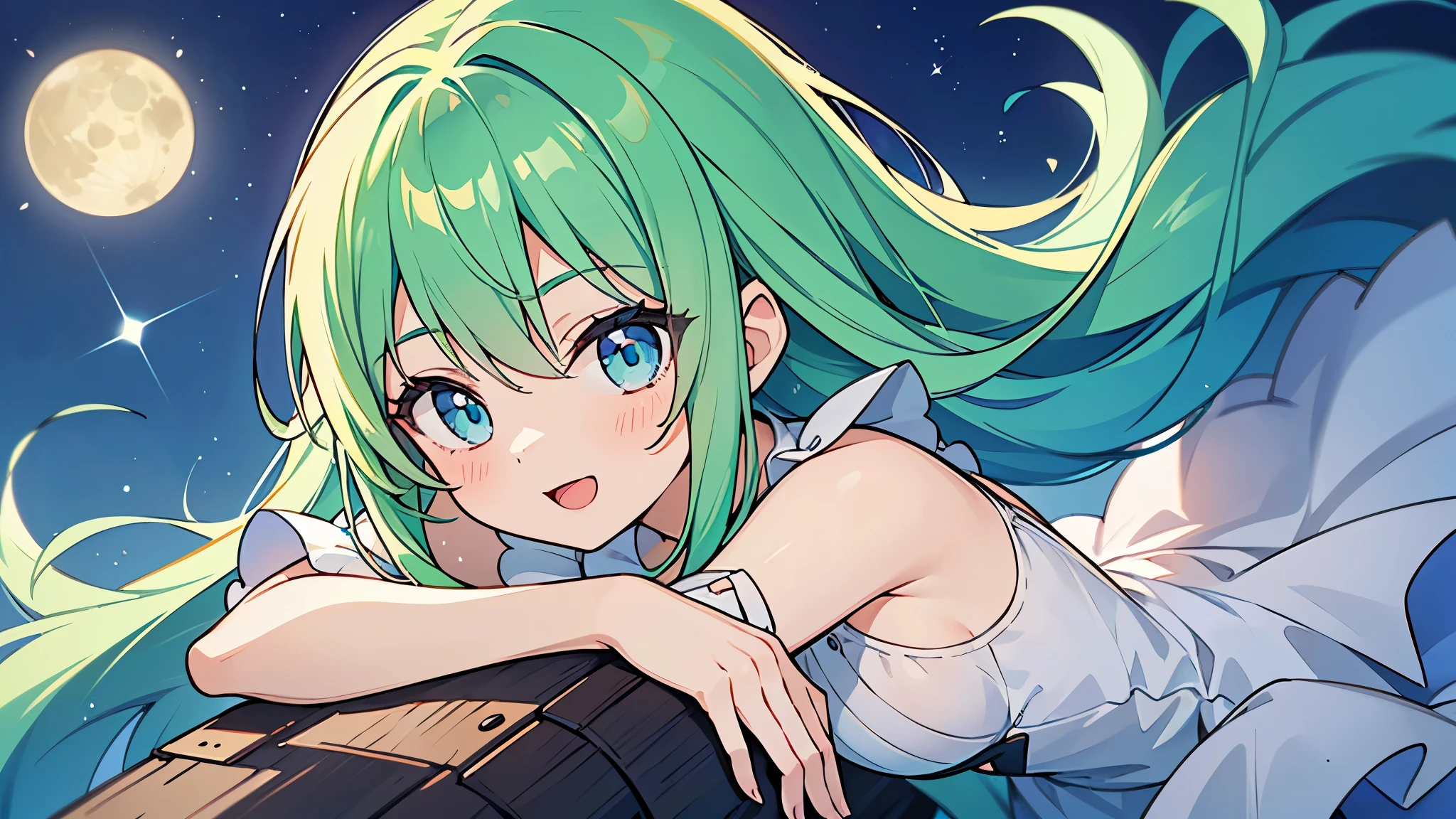 ((A Pretty little girl with green hair and blue eyes)), wearing one-piece dress, Loli face, ((master piece, top-quality, ultra-definition, high resolution)), anime girl, ((ultra-detailed illust:1.2)), only one person, bangs, hair between eye, beautiful hair, Beautiful eyes, Medium breasts, Big smile, opened mouth, enjoying, moon