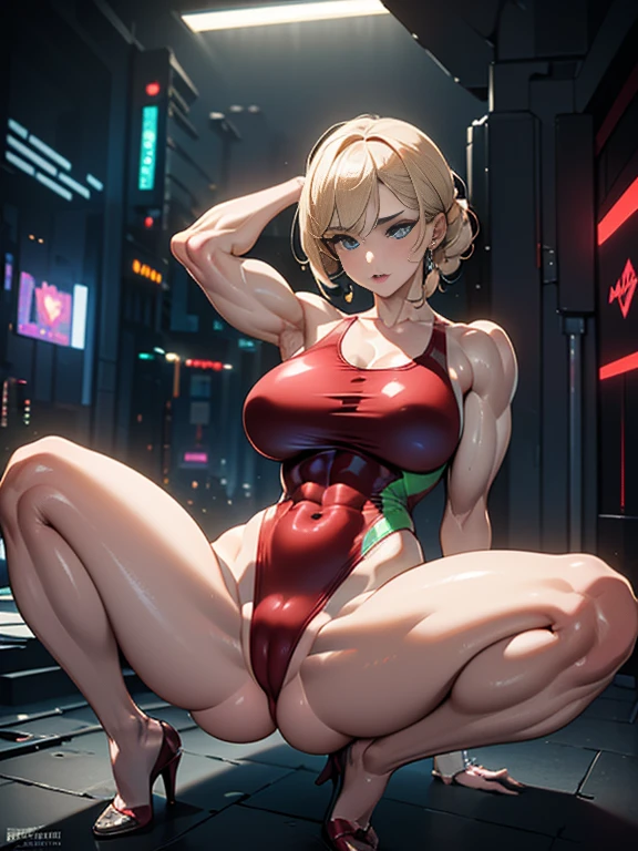 (best quality, 8k, highres, photorealistic:2.0), (solo, one girl:2.0),(lighting:front),(lighting: strong),(Russian Beauty:2.0),(very muscular girl:2.0),(bodybuilder girl:1.5),(shiny skin:1.5),(oily skin:1.5),(platinum blonde hair:1.5),(Squat down with both knees up and spread your legs apart:1.5),(raise both arms behind your head:1.5),(high heels:1.5),(lewd girl),(cyberpunk location:1.9),(amazing orgasm),(((Red one-piece high-leg swimsuit))),