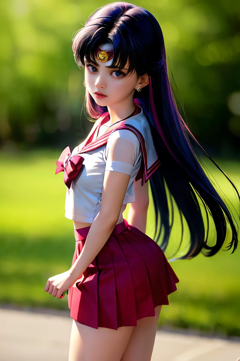 sailor moon、Sailor Mars、Rei Hino、sailor suit、mini skirt、purple straight long、(muste piece: 1.1), (best quality: 1.1)、(highly detailed skin), (best quality:1.0), (ultra high resolution:1.0) ,(realistic photo:1.0), (Super detailed:1.0), (8K, Raw photo:1.1),