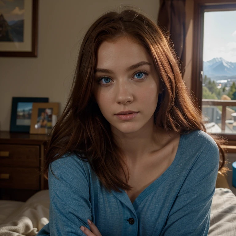 Caucasian red hair middle 20 years girl, super fit, staring at the viewer, she has blue eyes realistic distant from thr camera you can see the mountains by her windows in Denver Colorado, glowin, intense, solodramatic lightinasterpiece:1.2), best quality, high resolution, beautiful detailed, extremely detailed, perfect lighting Realstic, flirting with camera she wearing pajamas