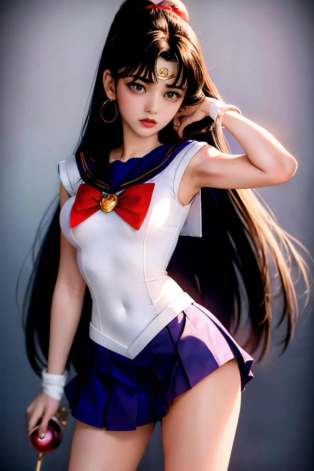 sailor moon、Sailor Mars、Rei Hino、sailor suit、mini skirt、purple straight long、(muste piece: 1.1),  (best quality: 1.1)、(highly detailed skin), (best quality:1.0), (ultra high resolution:1.0) ,(realistic photo:1.0), (Super detailed:1.0), (8K, Raw photo:1.1),